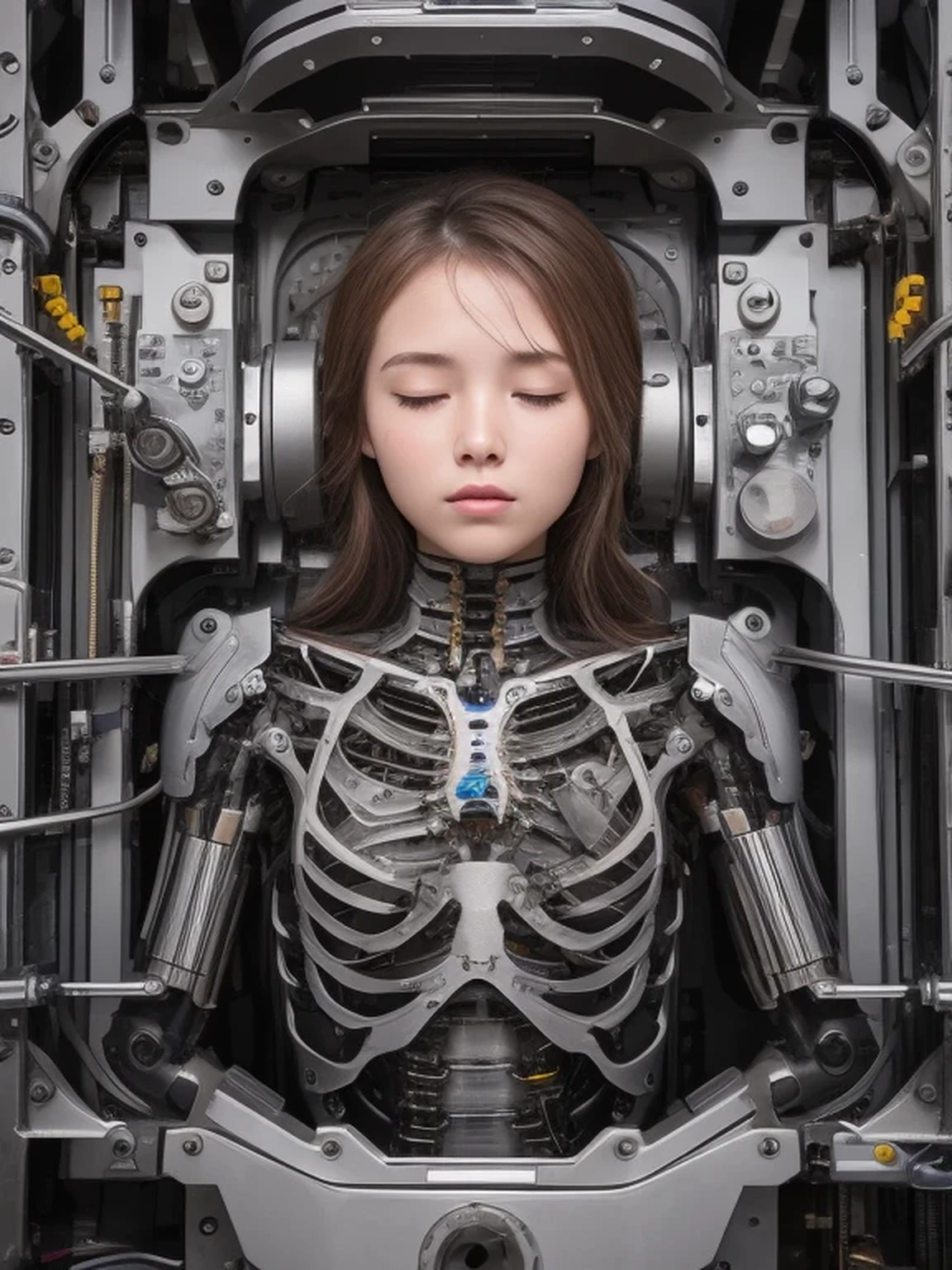 (((masterpiece))), (((best quality))), ((Extremely detailed)), (Highly detailed CG illustrations), ((Extremely delicate and beautiful)),(Cute and delicate face),light,((1Black Mechanical Girl)),Solitary,whole body,(machine made joints:1.4),((Mechanical limbs)),(A curvy figure),(Blood vessels connected to the tubes),(A brain in a container:1.3),((A mechanical vertebrae attached to the back)),((Mechanical cervical fixation)),((sit)),Poker face,(Wires and cables connecting the head to the body:1.5),Large Breasts,Long hair,(character focus),Science fiction