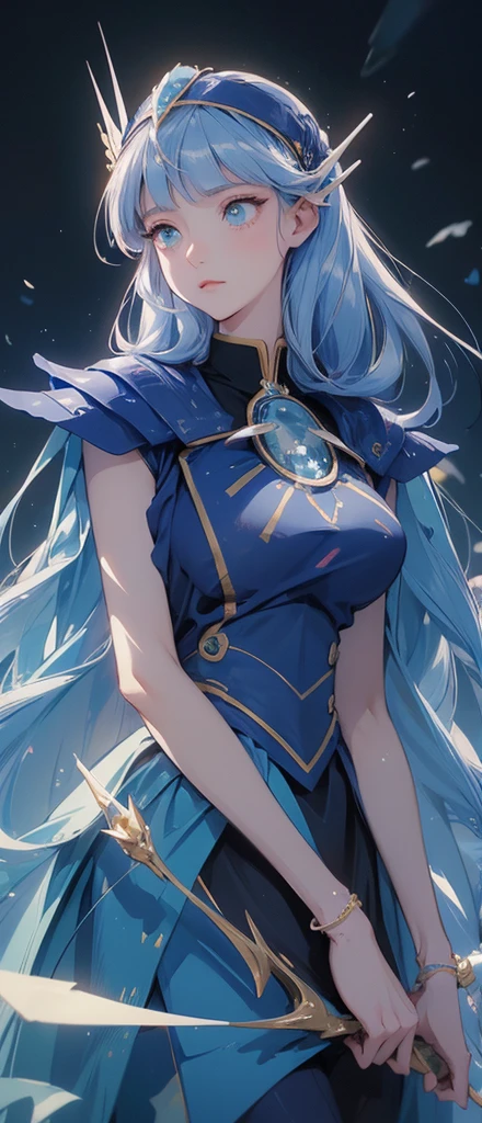 (((masterpiece、Highest image quality、highest quality、highly detailed unity 8kwallpaper)))、((Illustration of one girl、upper body))、(((beautiful girl)))、(librarian)、blue hair、(stocky build, thickset physique:1.3, broad shoulders, solid chest)、(((flat chest)))、white robes