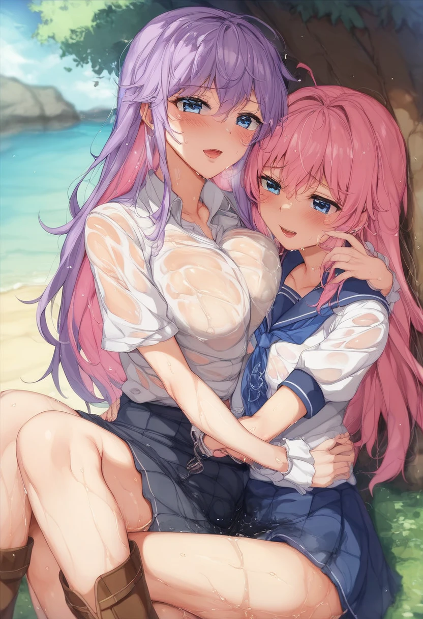(masterpiece, highest quality:1.2)、Two women touching nipples、Embarrassed、Excessive armpit sweating、 Completely naked、smile、Embarrassed、Big Breasts、Pussy、pee、Breast milk、Being chubby、Pichi Pichi School Swimsuit、horny masturbation、Steam from the body、Spread your legs、Riding a horse to the viewer、Large areola、Your body is wet、The nipples are erect、Spread your crotch with your fingers、My whole body is shaking