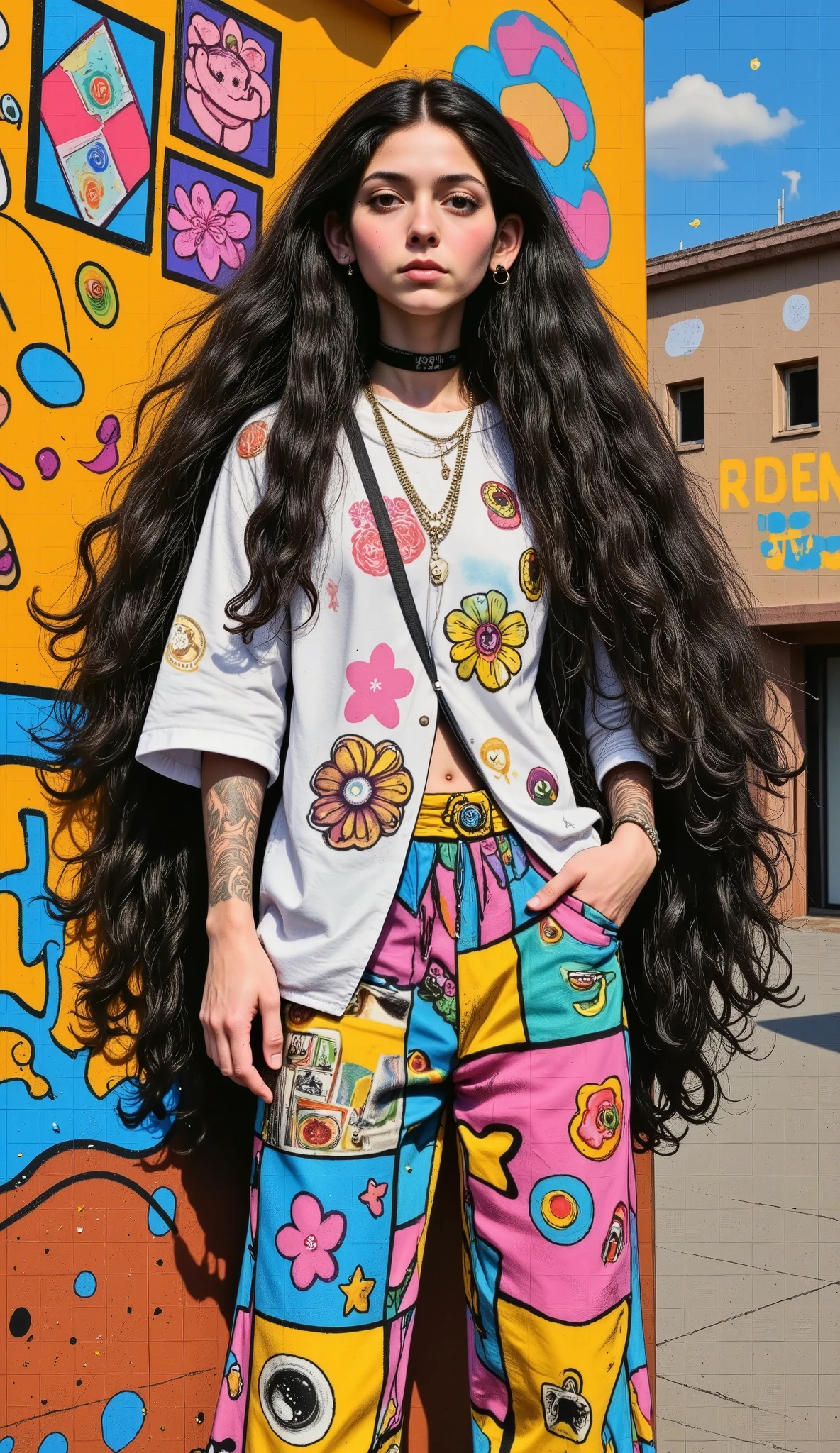 (( general plane , full body: 1.6)), :1.4, Cafeteria:1.2, purple:1.2, yellow:1.4, magenta:1.6, ( Rapper with terrifying hair , detailed eyes and body and beautiful clothes , loose and loose :1.6), tatuajes, (walls with graffiti: 1.2), flower, leaves, born in the mist, , leaning against the wall with a can of paint in her hand, action pose, 32k.