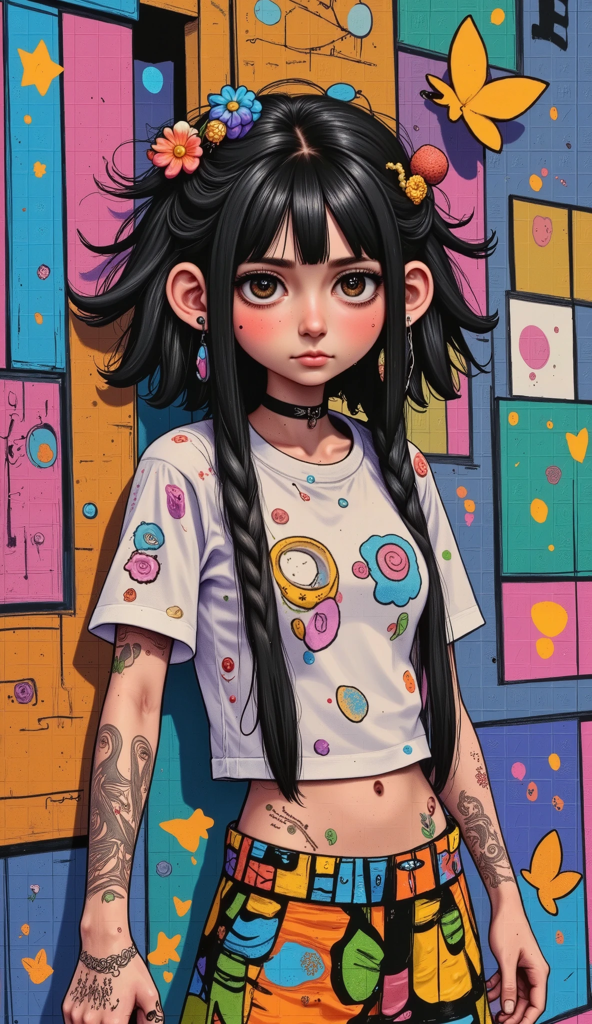 (( general plane ,    full body: 1.6)), :1.4, Cafeteria:1.2, purple:1.2, yellow:1.4, magenta:1.6, (  Rapper with terrifying hair    ,    detailed eyes and body and beautiful clothes   , loose and loose   :1.6), tatuajes, (walls with graffiti: 1.2), flower, leaves, born in the mist, ,    leaning against the wall with a can of paint in her hand,    action pose, 32k.