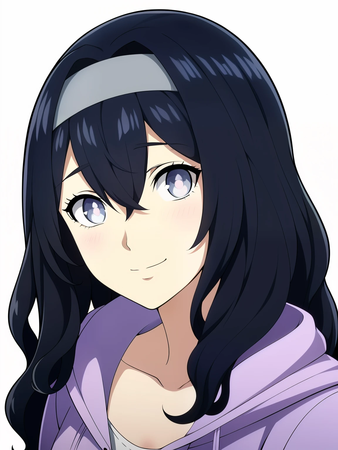 (high-quality, breathtaking),(expressive eyes, perfect face) 1girl, female, solo, black hair, medium hair length, brown blue eyes, cute smile, positive expresion, black background, portrait, symmetrical eyes, pale skin, sickly, hair between eyes, dress, jacket, firefly, grey background, wavy curly hair, gradient hair, modern clothing, headband, hair accessory, purple hoodie, flower in hair
