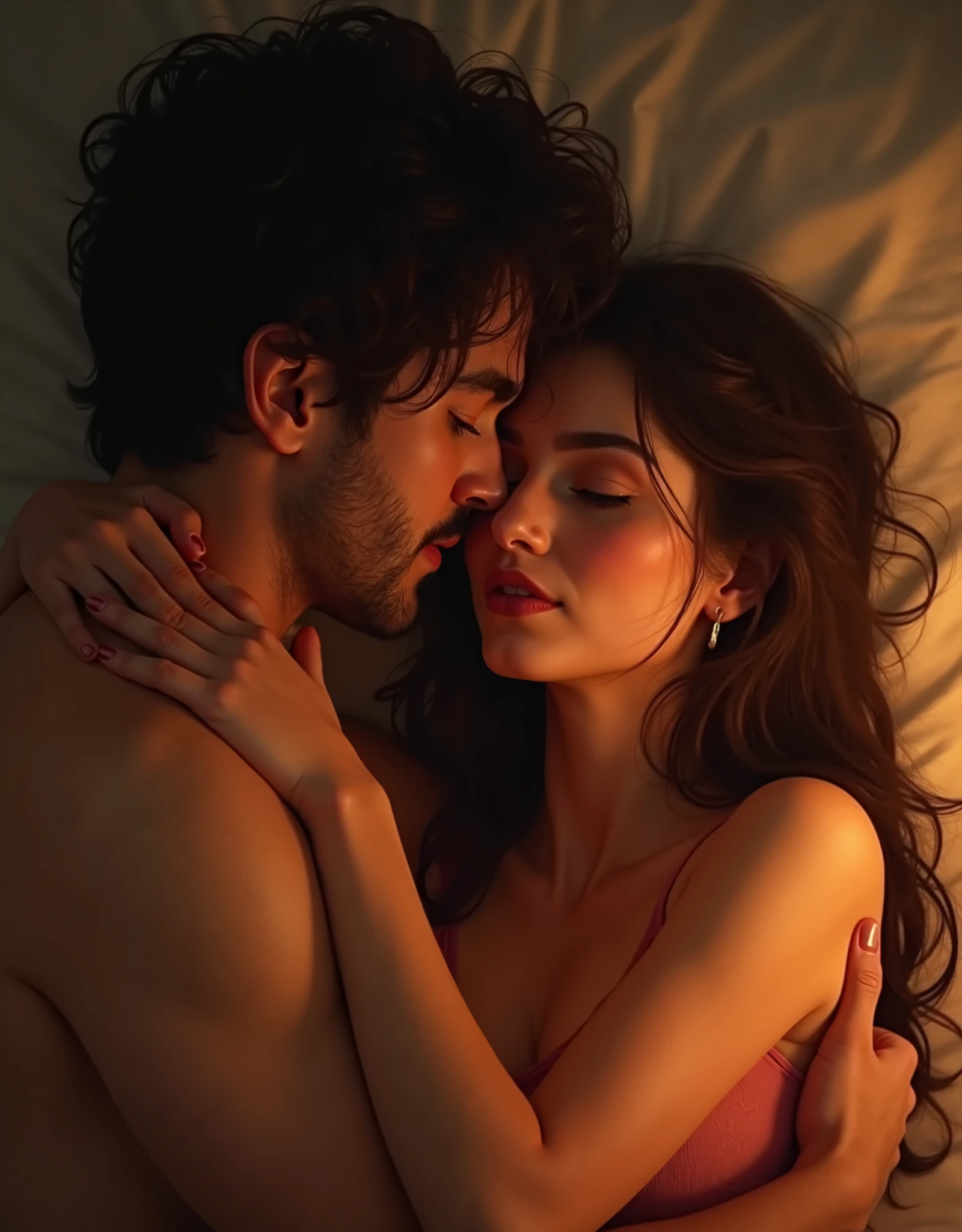 There is a 1 woman lying in bed with 1 man, couple in bed, lover melts in bed, dreams kissing a girl, lying in bed, couple, man and woman in love, unconsciously looking at each other, romantic couple, soft light from the side, lovely couple, good night, lying in bed, morning lighting,kebaya dress women