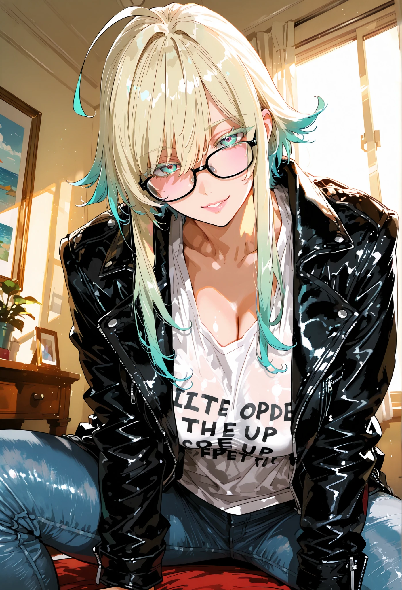 Ultra HD, Gesture of removing the swivel glasses from the face with the left hand, Very pretty lady , Focus on the left hand , The text on her shirt reads "Washington", Flexible and very beautiful body , colored eyelashes, Illustration with movement , modern view , ahoge, 1 , gradient hair, pants, textured skin, naughty, Japanese illustration style , Swivel Cups , shiny students , High resolution, asymmetric hair, glowing eyes, multicolored eyes , masterpiece , Alone, fish eye, black leather jacket, anatomically correct , soft lighting , Necessary, to smile, super detailed , Action Painting , multicolored hair , The shirt under the leather jacket worn by the lady has a spatial pattern , Expressive hair, toys