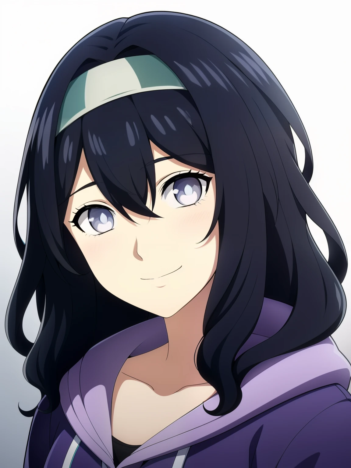 (high-quality, breathtaking),(expressive eyes, perfect face) 1girl, female, solo, black hair, medium hair length, brown blue eyes, cute smile, positive expresion, black background, portrait, symmetrical eyes, pale skin, sickly, hair between eyes, dress, jacket, firefly, grey background, wavy curly hair, gradient hair, modern clothing, headband, hair accessory, purple hoodie, flower in hair
