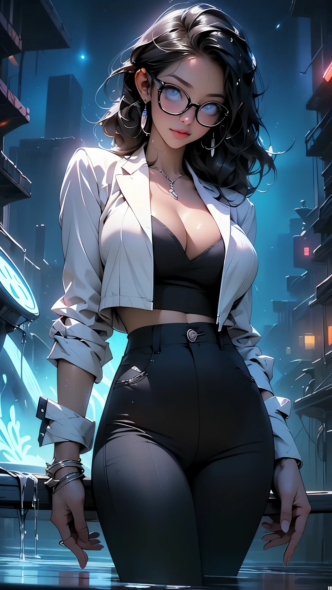 cute girl,(((1girl))),((girl with extremely cute and beautiful black hair)),
(large breasts:1.4),(((black hair:1.35,colored inner hair,ear breathing,large hair,tomboy haircut))),(((blue_eyes:1.3))),intricate eyes,beautiful detailed eyes,symmetrical eyes,((fat)),((lustrous skin:1.5,bright skin: 1.5,skin tanned,shiny skin,very shiny skin,shiny body,plastic glitter skin,exaggerated shiny skin,illuminated skin,wet legs))),(spider lower abdomen,narrow waist,wide hip,athletic body,inflated legs, thick thighs,detailed body,(detailed face)),
cute,slutty,seductive,erotic,(((nsfw))),
((((glasses)))),(((wearing white formal blazer,black formal pants,))),(((huge cleavage))),((wet clothes,intricate outfit,intricate clothes)),
(dynamic pose:1.0),solo focus,embarrassed,(centered,scale to fit dimensions,Rule of thirds),
cyberpunk city by the ocean at night, with bright neon signs and dark stormy clouds and puddles, scenery:1.25,nighttime, starry night, cosmos,Very dark night that makes the neon lights stand out, very bright neon lights,nighttime, starry night, cosmos,
artistic photography,(photography taken by sldr),highres, sharp focus, (ultra detailed, extremely detailed), (photorealistic artwork:1.37),(extremely detailed CG unity 8k wallpaper),((synthwave background theme)),(((vibrant colors))),(intricate background),(masterpiece),(best quality)