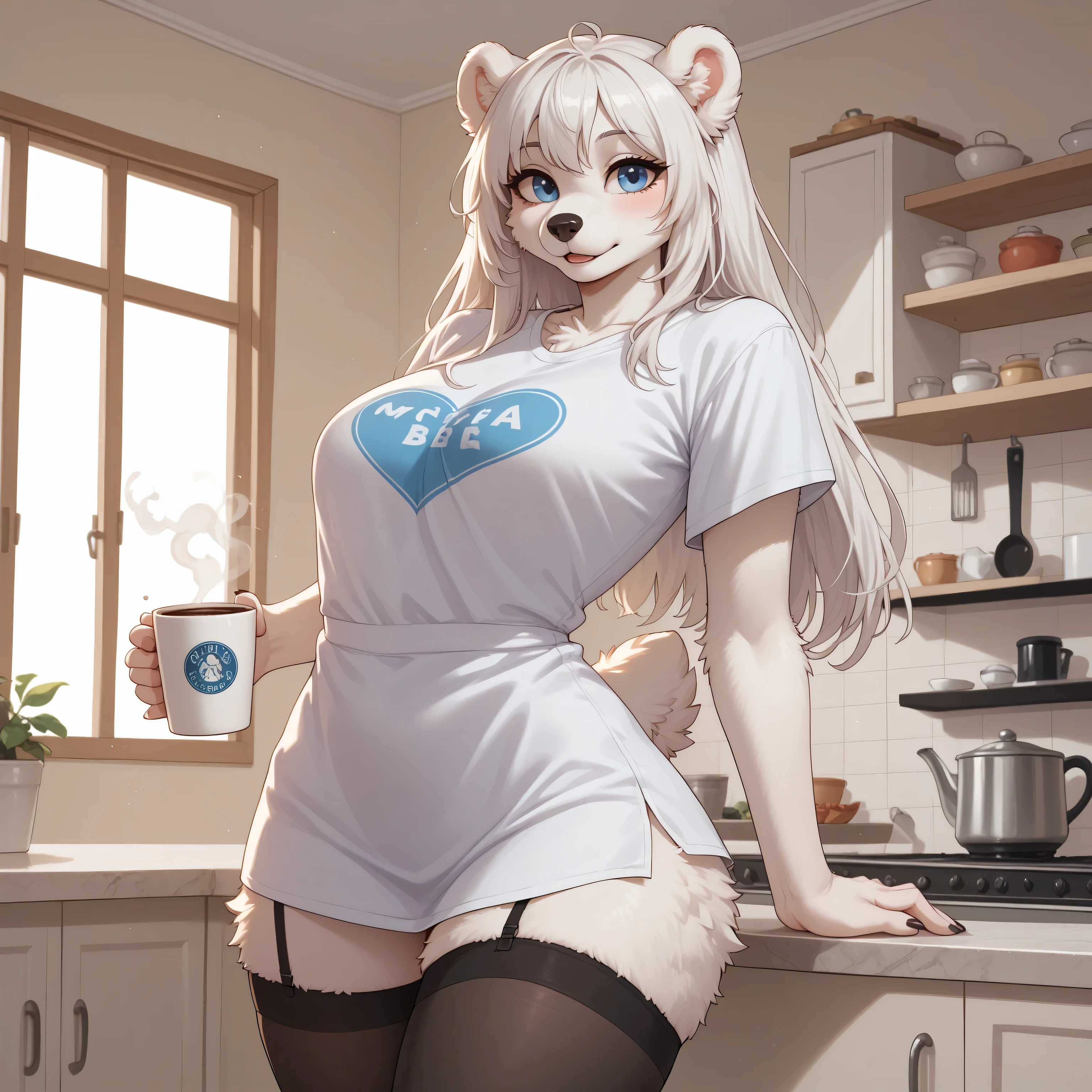 (Masterpiece) (High Detail) (High Res) A short small Polar Bear Anthro Female with White fluffy fur over her body and long white hair and bright blue eyes and a fluffy short bear tail and a curvy body and average breasts. She is wearing a large oversized t-shirt and black thigh high stockings. She is stood in the kitchen making herself a cup of coffee. Anthro.