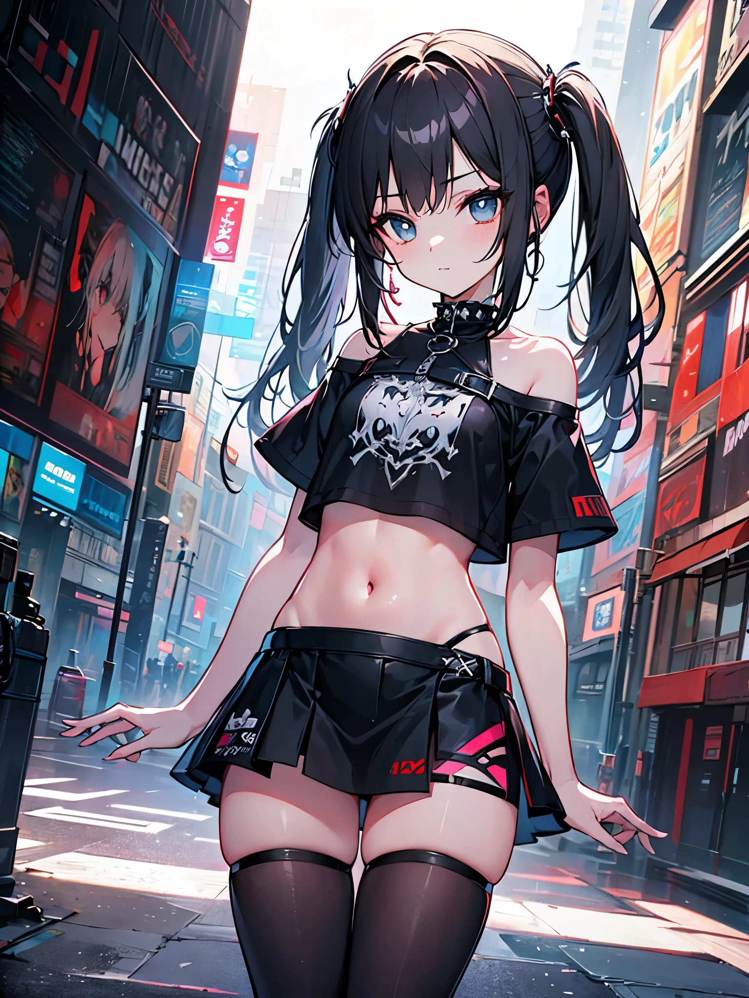 Anime girl in black outfit standing on street corner with city ...