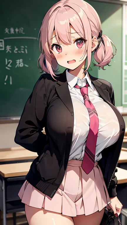 (mature woman), blush, Ahegao, (middle aged), white skin, smooth white thighs, Sheer blouse, tight mini skirt, wearing glasses, Pink bob hair, beautiful face, chest, sweating, sexy, highest quality,8K quality,stand pose, (background: In front of the desk in the office)