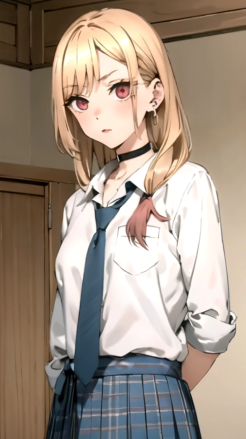 (masterpiece,best quality)), { , DATE_artstyle_LoRA : dark_horror_filter } { : kitagawa marin, 1girl, blonde hair, long hair, multicolored hair, red eyes, jewelry, earrings, piercing} { : perfectly shape breast : cute : flawless_body: perfectly slender body : } { school uniform, white shirt, tied shirt, black choker, blue necktie, plaid skirt } {standing_straight} { no_emotion : hypnotized_eyes } { sweating } { } { wooden cabin : messy creepy room : dark } {}