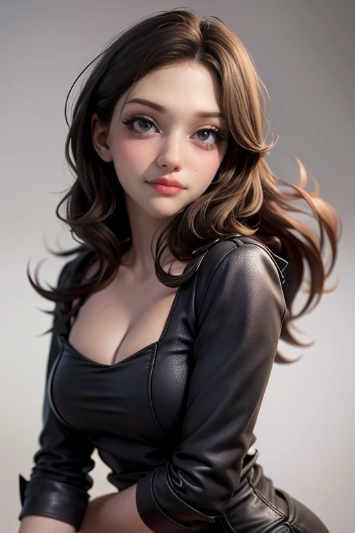 obra-prima, melhor qualidade, trabalho de rending 3d, estilo 3DMM, close-up, retrato, 3D, 1woman, solo, cabelo castanho, colar de corda, olhando para o lado, realista, parte superior do corpo, fundo simples, franja, olhando para longe, cabelo preto longo, separated-lips, maquiagem, cabelo encaracolado castanho longo, olhos verdes, lingerie rosa, decote, aerith gainsborough, aerith