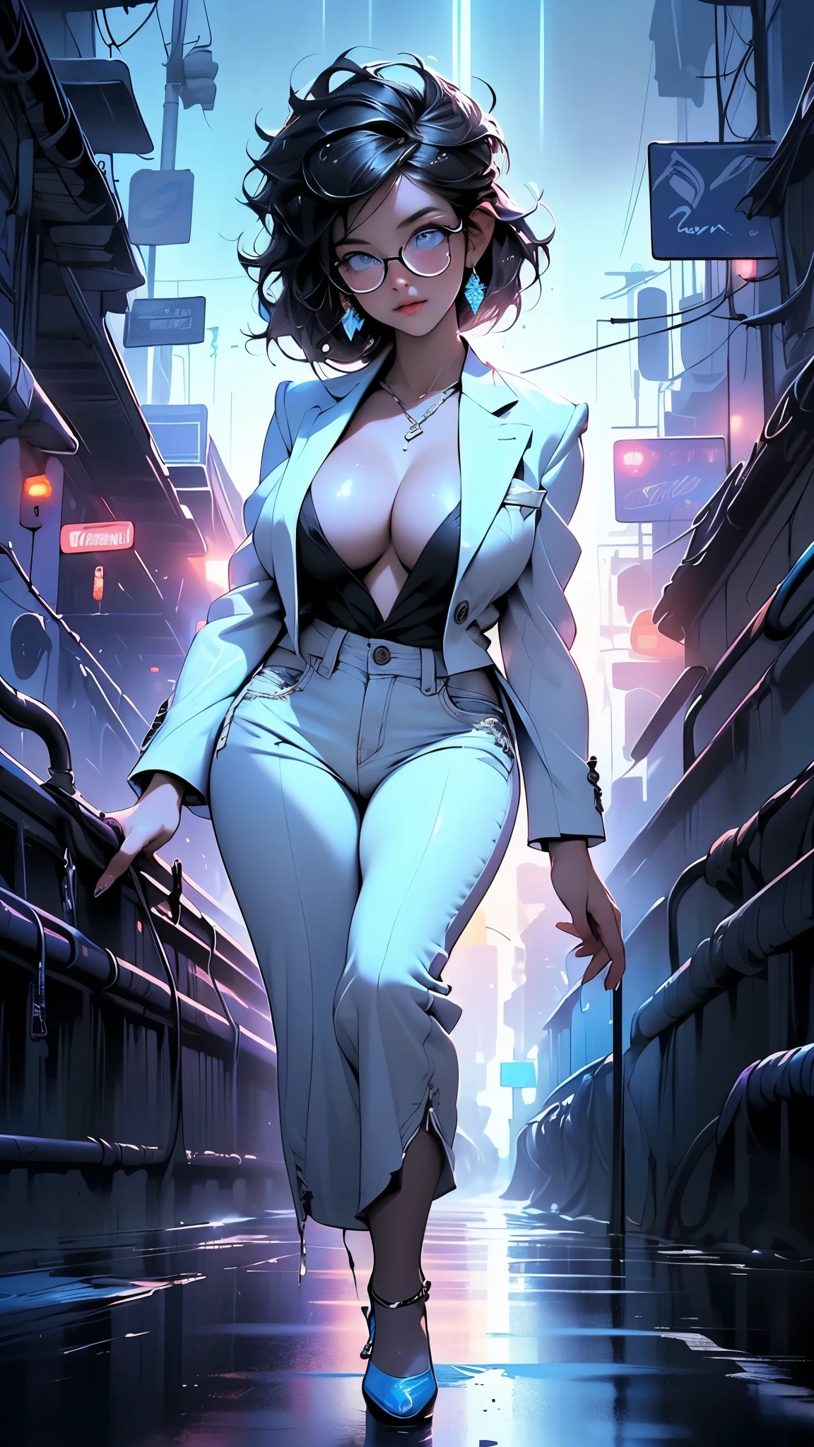 cute girl,(((1girl))),((girl with extremely cute and beautiful black hair)),
(large breasts:1.4),(((black hair:1.35,colored inner hair,ear breathing,large hair,tomboy haircut))),(((blue_eyes:1.3))),intricate eyes,beautiful detailed eyes,symmetrical eyes,((fat)),((lustrous skin:1.5,bright skin: 1.5,skin tanned,shiny skin,very shiny skin,shiny body,plastic glitter skin,exaggerated shiny skin,illuminated skin,wet legs))),(spider lower abdomen,narrow waist,wide hip,athletic body,inflated legs, thick thighs,detailed body,(detailed face)),
cute,slutty,seductive,erotic,(((nsfw))),
((((glasses)))),(((wearing white formal blazer,black formal pants,))),(((huge cleavage))),((wet clothes,intricate outfit,intricate clothes)),
(dynamic pose:1.0),solo focus,embarrassed,(centered,scale to fit dimensions,Rule of thirds),
cyberpunk city by the ocean at night, with bright neon signs and dark stormy clouds and puddles, scenery:1.25,nighttime, starry night, cosmos,Very dark night that makes the neon lights stand out, very bright neon lights,nighttime, starry night, cosmos,
artistic photography,(photography taken by sldr),highres, sharp focus, (ultra detailed, extremely detailed), (photorealistic artwork:1.37),(extremely detailed CG unity 8k wallpaper),((synthwave background theme)),(((vibrant colors))),(intricate background),(masterpiece),(best quality)