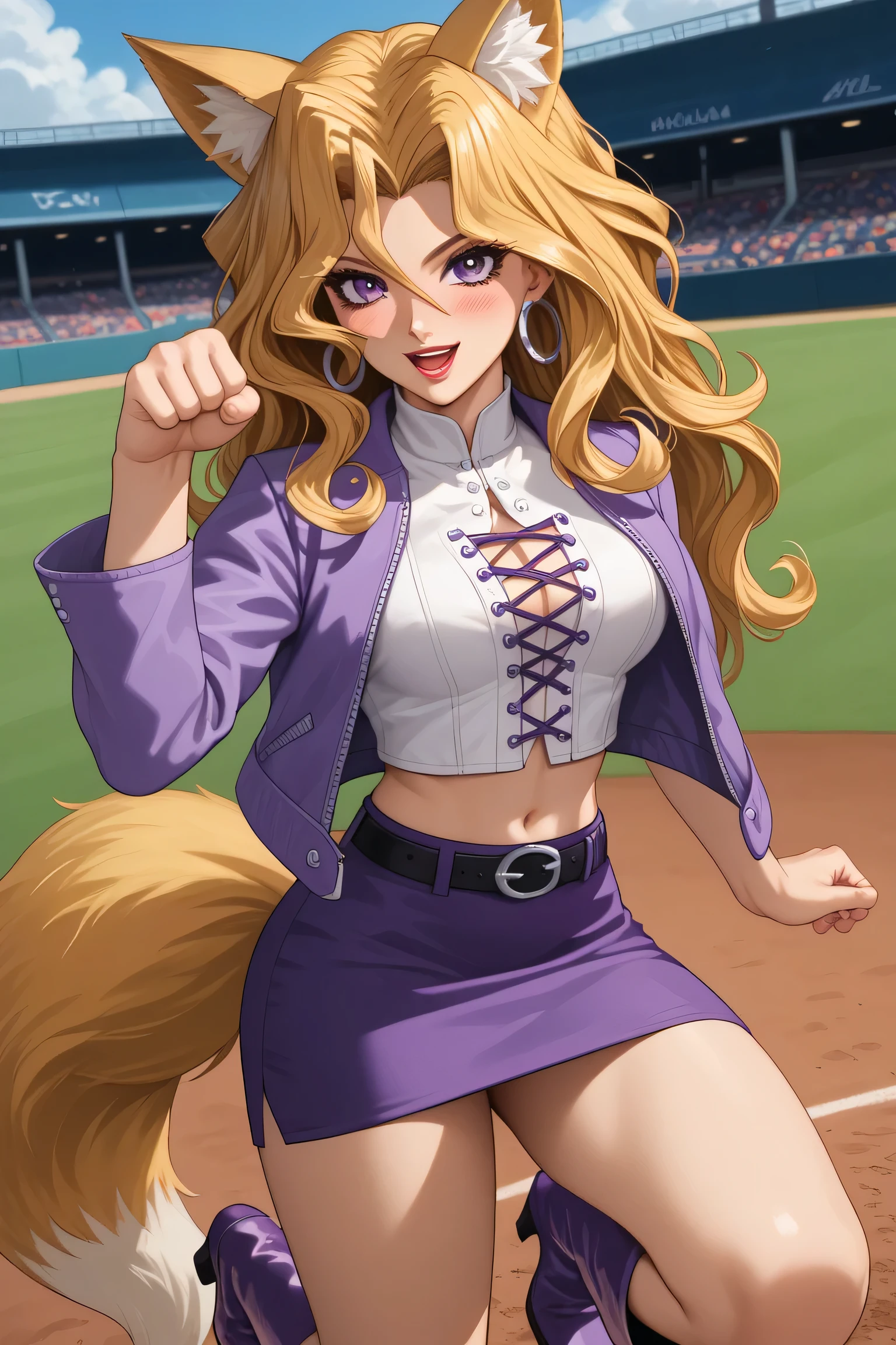 score_9,score_8_up,score_7_up,source_anime, PG rated,1girl, solo, mai, MV, EPygKujakuMai,
blonde hair, long hair, wavy hair, hair between eyes, hair intakes, hoop earrings, red lips, purple eyes,
purple jacket, open jacket, white bustier, crop top, navel, stomach, midriff, roll-up sleeves, (bare forearm),
black belt, purple skirt, miniskirt, pencil skirt, knee boots, high heel boots, purple footwear, (((bare knee))),
breasts,
fox dance, paw pose, fox ears, fox tail, baseball field, blushing, smiling, open mouth, cowboy shot, solo, from below, above thighs, dynamic angle,