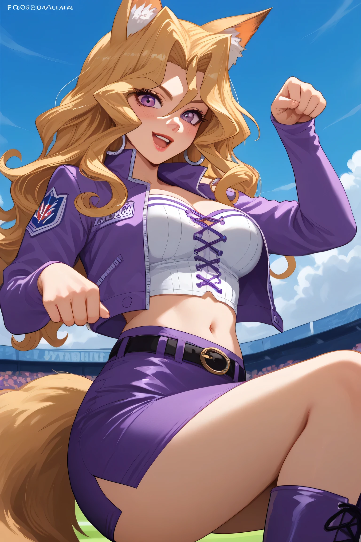 score_9,score_8_up,score_7_up,source_anime, PG rated,1girl, solo, mai, MV, EPygKujakuMai, 
blonde hair, long hair, wavy hair, hair between eyes, hair intakes, hoop earrings, red lips, purple eyes, 
purple jacket, open jacket, white bustier, crop top, navel, stomach, midriff, roll-up sleeves, (bare forearm), 
black belt, purple skirt, miniskirt, pencil skirt, knee boots, high heel boots, purple footwear, (((bare knee))), 
breasts,  

fox dance, paw pose, fox ears, fox tail, baseball field, blushing, smiling, open mouth, cowboy shot, solo, from below, above thighs, dynamic angle,