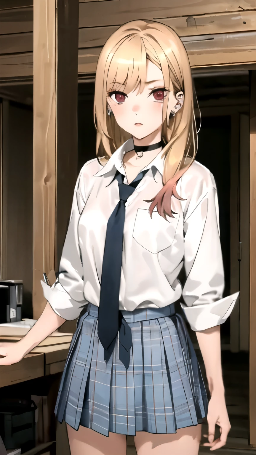 (masterpiece,best quality)), { , DATE_artstyle_LoRA : dark_horror_filter } { : kitagawa marin, 1girl, blonde hair, long hair, multicolored hair : pino_gradient_hair , red eyes, jewelry, earrings, piercing} { : perfectly shape breast : cute : flawless_body: perfectly slender body : } { school uniform, white shirt, tied shirt, black choker, blue necktie, plaid skirt } {standing_straight} { no_emotion : hypnotized_eyes } { sweating } { } { wooden cabin : messy creepy room : dark } {}