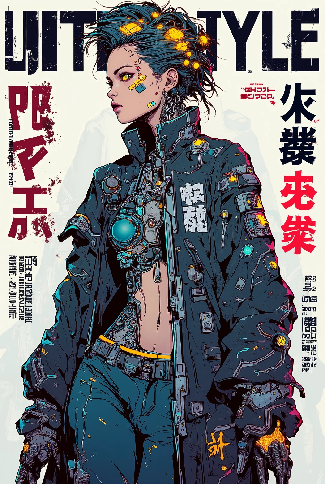 ((manga magazine cover illustration) of (Kate Beckinsale as a cyberpunk girl))), ((magazine cover)), (((wearing detailed cyberpunk Harajuku clothing))), ((LED lights)), (((weird cyberpunk hairstyle))), perfect features, (((dynamic pose))), magazine cover.