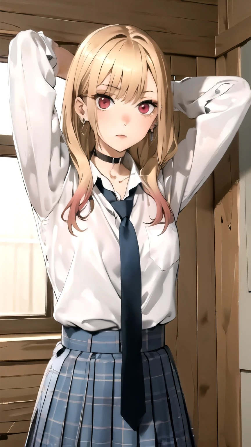(masterpiece,best quality)), { , DATE_artstyle_LoRA : dark_horror_filter } { : kitagawa marin, 1girl, blonde hair, long hair, multicolored hair : pino_gradient_hair , red eyes, jewelry, earrings, piercing} { : perfectly shape breast : cute : flawless_body: perfectly slender body : } { school uniform, white shirt, tied shirt, black choker, blue necktie, plaid skirt  } {standing_straight : hands_behind_head } { no_emotion : hypnotized_eyes } { sweating  } { } { wooden cabin : messy creepy room : dark } {}