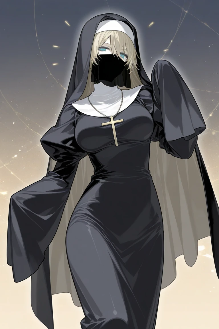 Solo, 1girl, tall women, cape over shoulders, puff shoulders, black nun outfits, long skirt, faceless, symbol veil, veil face /(Veil covered face)\, sleeves past wrists, breasts, sleeves past fingers, long cape, midnight dark blue cape, overly long sleeves, wide open loose sleeves , standing, High Resolution, Masterpiece, Accurate, Best Quality,
BREAK
Cowboy Shot, Looking at viewer,