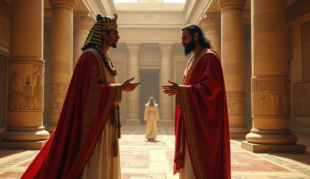oil painting, Egyptian pharaoh in the foreground and Egyptian priest in the background, dressed in a dark robe, which covers his head, with a serious expression on his face.