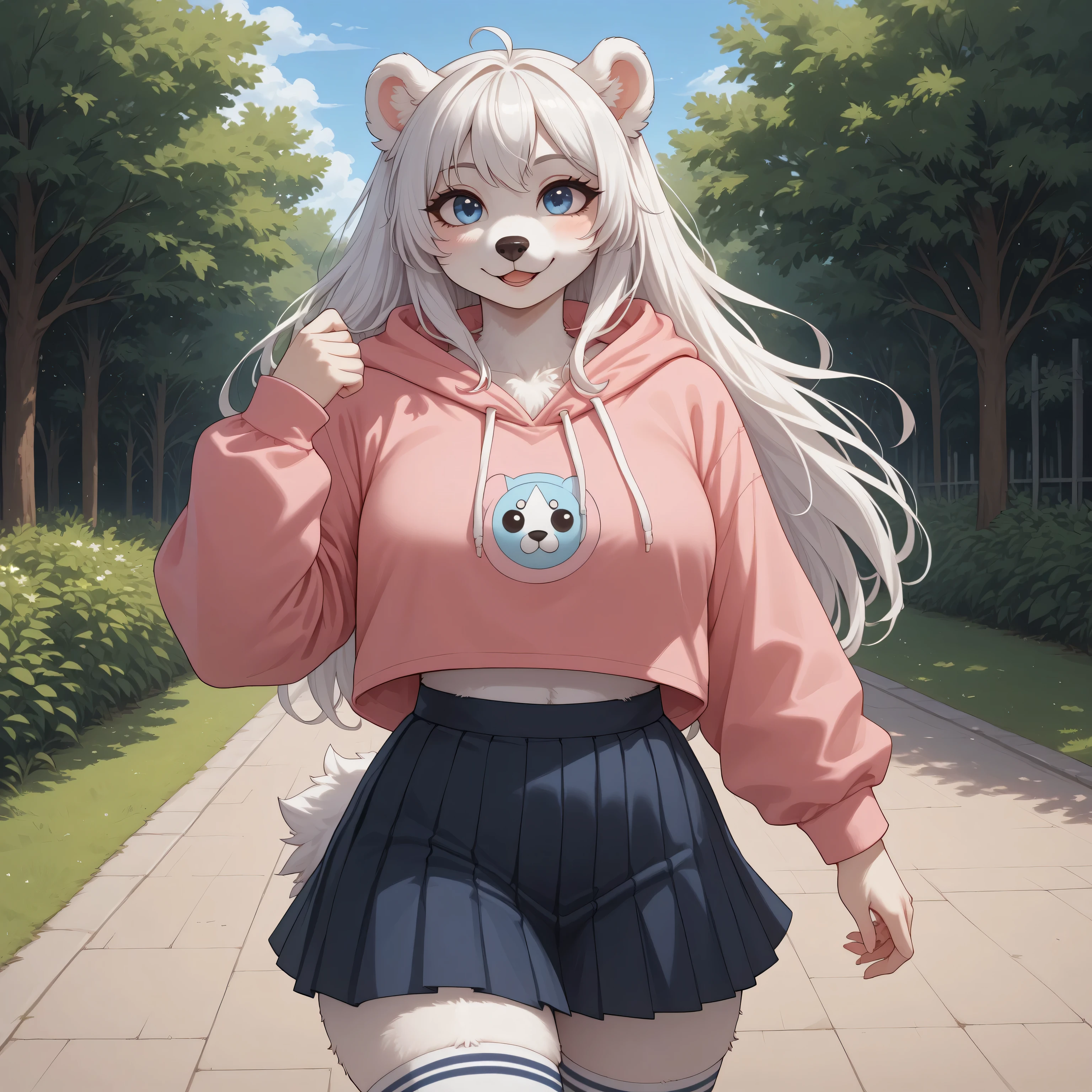 (Masterpiece) (High Detail) (High Res) A short small Polar Bear Anthro Female with White fluffy fur over her body and long white hair and bright blue eyes and a fluffy short bear tail and a curvy body and average breasts. She is stood in the park and is wearing a pink hoodie and a pleated skirt. She has thigh high socks. She is taking photos with a digital camera. Photographer. Anthro. Fluffy. White Fur. Expensive camera.