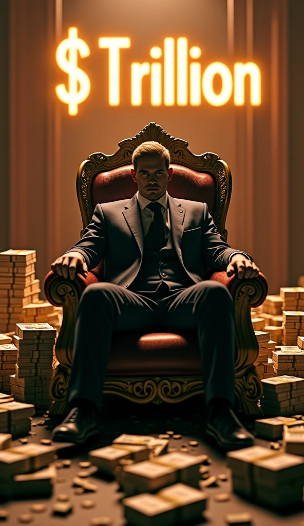 Rich man in suit and tie sitting on a golden throne in hell, poor people and slaves around him, poor hungry children agonizing and crying