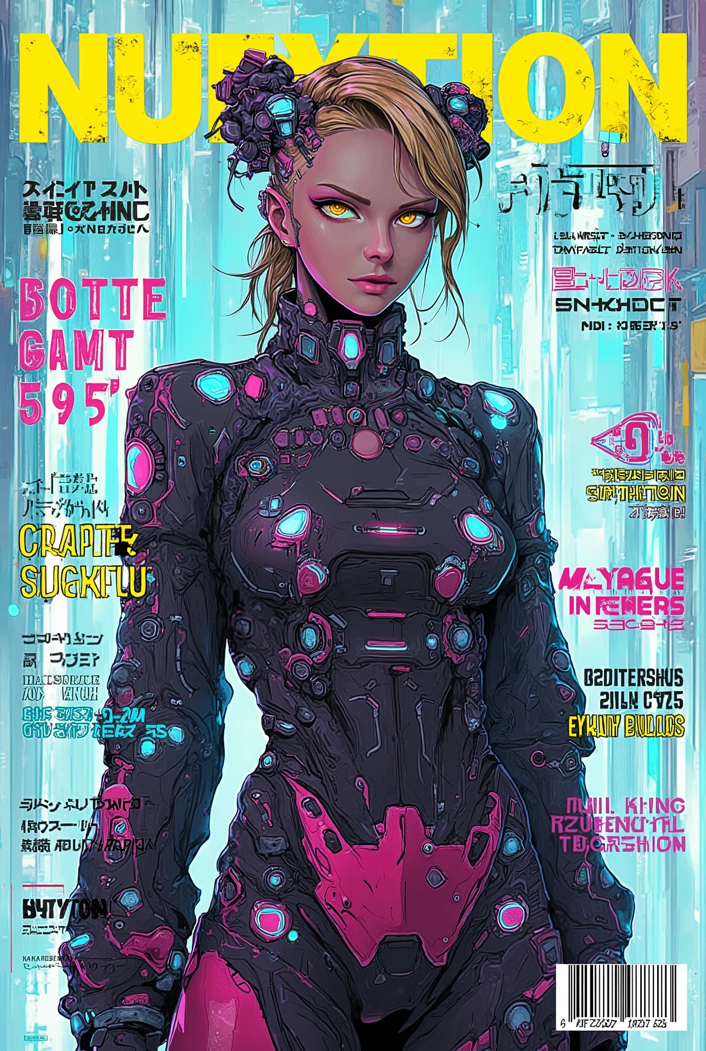 Feminine cyborg, magazine cover, poster art , hint of vibrant, bold sexy text