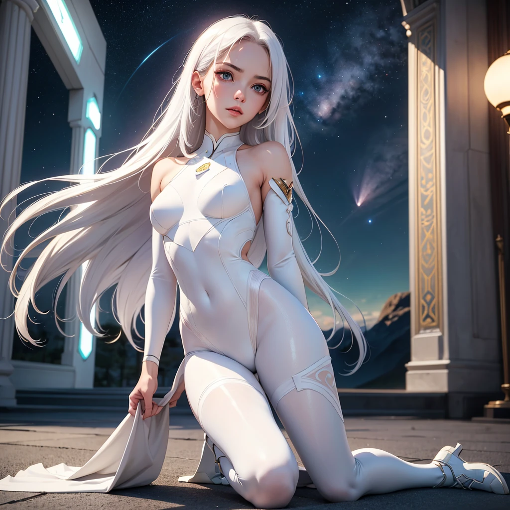 ((girl, Mecha)), Glowing eyes, Delicate face, Armor damage, Mechanical aura, Mechanical arm, white hair, long hair, Ceramic body, Thigh gap, Small Breasts, Internet background, Very nice city, (translucent, Reflective leather), 8K, best quality, Super detailed, (Surrealism: 1.4),