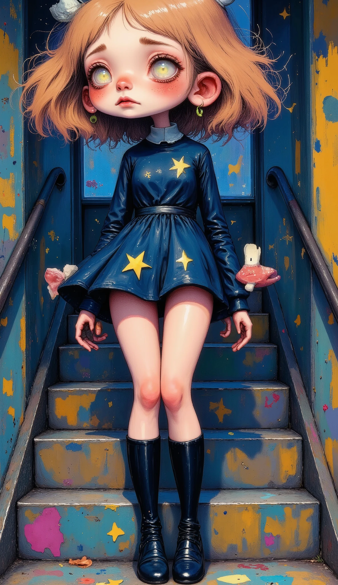 (( )), (( masterpiece)), ( High resolution), 8K, Best Tone , The best natural light, cinematic dust , High school student climbing the stairs 、20 years, ( brown hair )、 Looking back , shy、 navy blue jacket 、navy blue skirt、(dark blue socks)、(( back view))、 Angled from directly below the back , (( seen from below ))、dark blue socksのクローズアップ、 Arrangement of the sleeve panels 、 gray pant suit 、Sleeve design、 Station stairs 、On the way to school, A skirt that moves with the wind, Elegant white panties hidden under a skirt , slim body , beautiful thighs, embarrassed expression