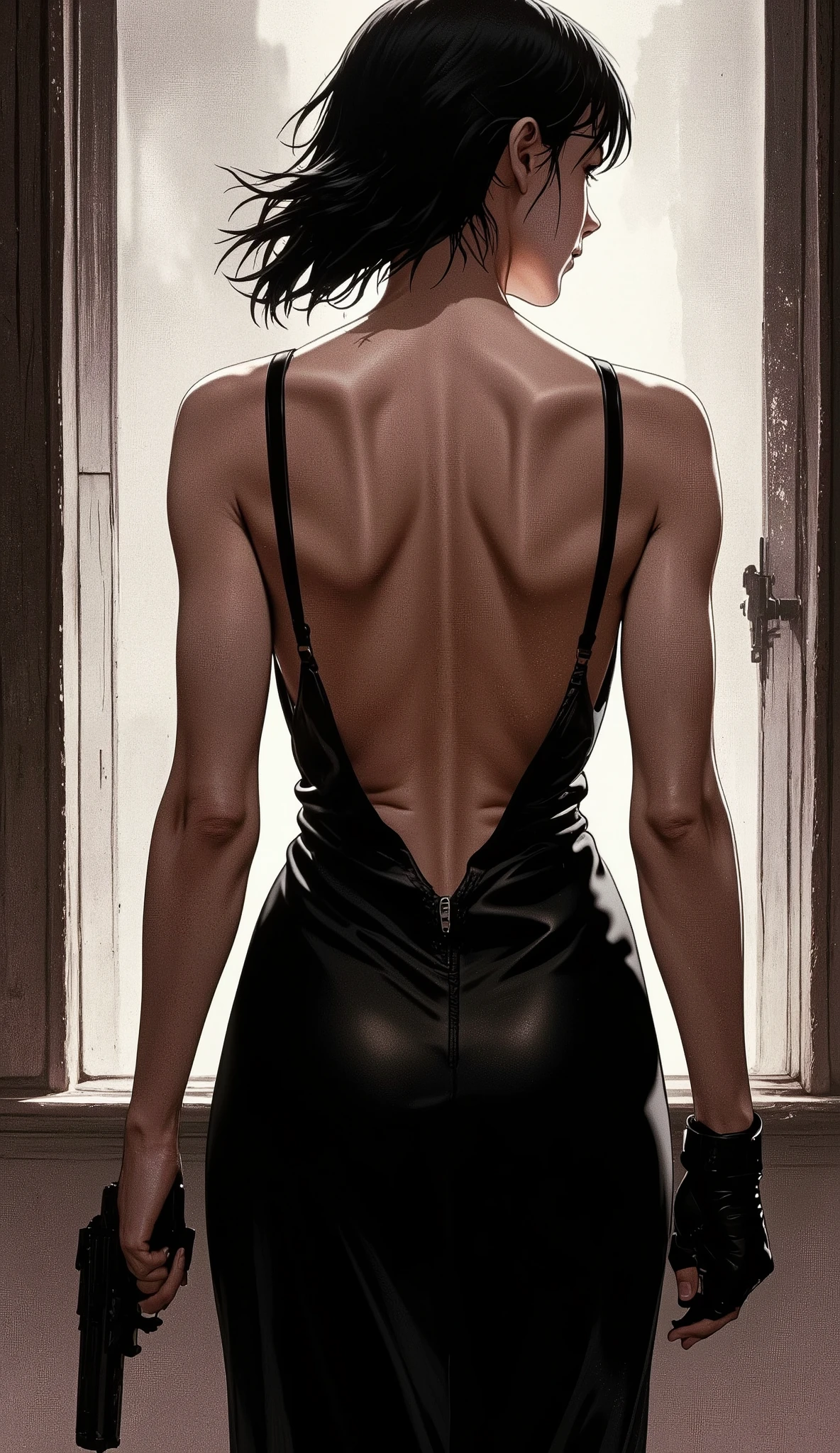 ( masterpiece :1.2,exceptional quality ,mirror finish , cinematic experience ),8k,16k, wallpaper,( backless dress:2.0),( female assassin :2.0),( Black Empty Back Dress :2.0),( and raise your gun :2.0),(Style Nikita :2.0),( Sensual:2.0),( back view:2.0),( U-turn :2.0),( short hair:2.0),( Beautiful women :2.0),( blood spatters ),( Hair waving in the wind)