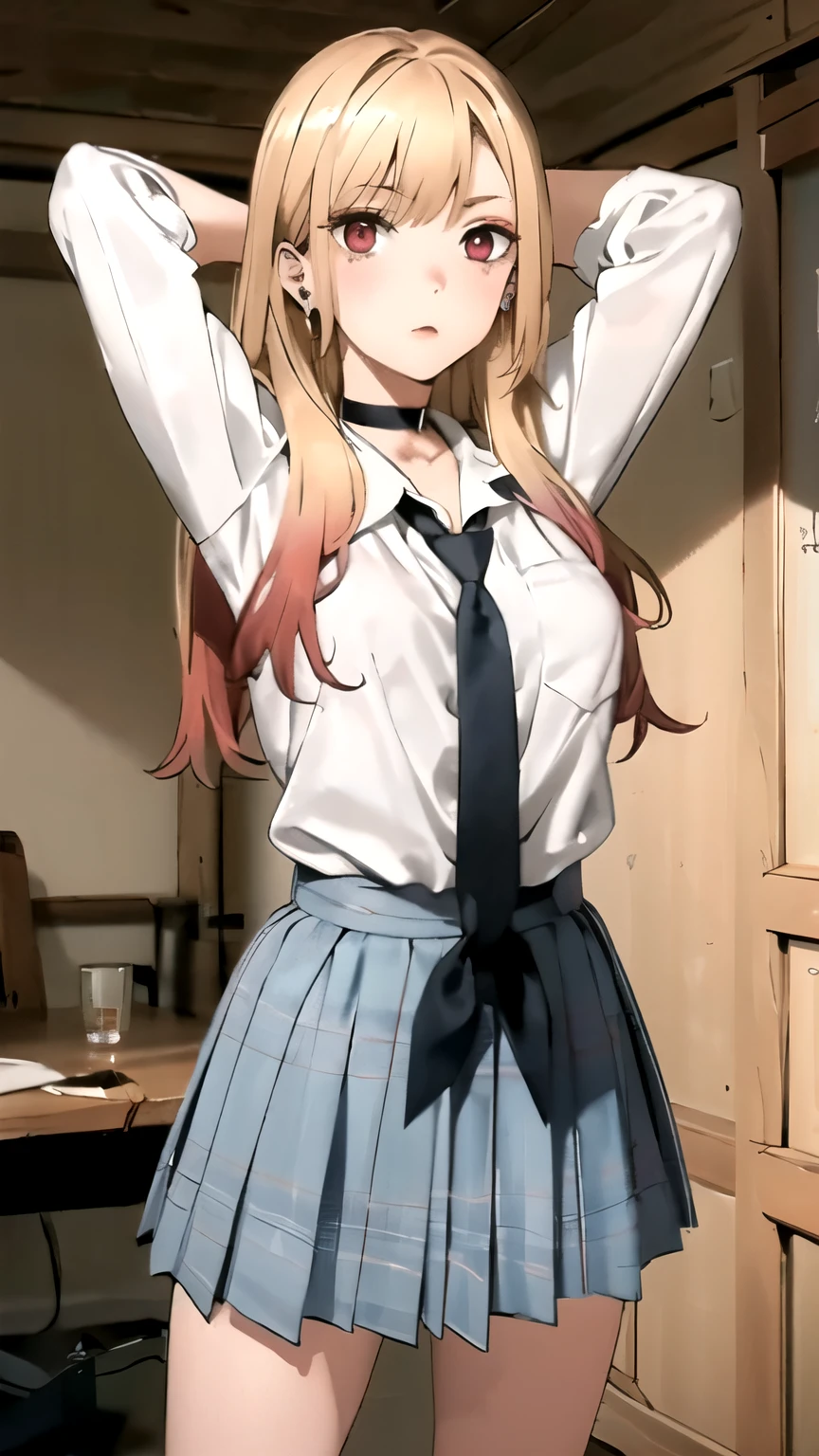 (masterpiece,best quality)), { , DATE_artstyle_LoRA : dark_horror_filter } { : kitagawa marin, 1girl, blonde hair, long hair, multicolored hair : pino_gradient_hair , red eyes, jewelry, earrings, piercing} { : perfectly shape breast : cute : flawless_body: perfectly slender body : } { school uniform, white shirt, tied shirt, black choker, blue necktie, plaid skirt } {standing_straight : hands_behind_head : pov_near_arm } { no_emotion : hypnotized_eyes } { sweating } { } { wooden cabin : messy creepy room : dark } {}