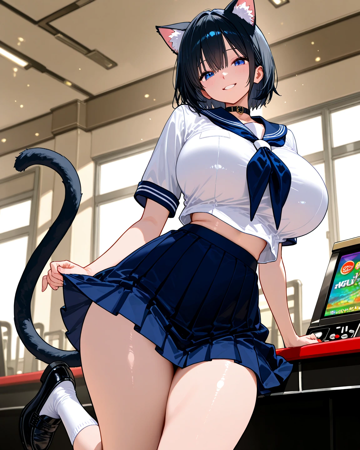((Table t○p, highest quality, Hi-Res Lucifer,Anime Screen Capture、Pixel perfect, 8k)))、nsfw、Perfect Anatomy、(((Huge breasts、Wide Hips、Wide ass)))、(((Bobcut、Blunt Bangs)))、(((Skirt flipped up by the wind、White Shirt、Black Mini Skirt、Blue striped panties、Cyber Suit)))、Sweat, vapor,(Yellow Eyes)、((Black Hair)), V-shaped eyebrows、 ((((smile、blush))))、(In town)