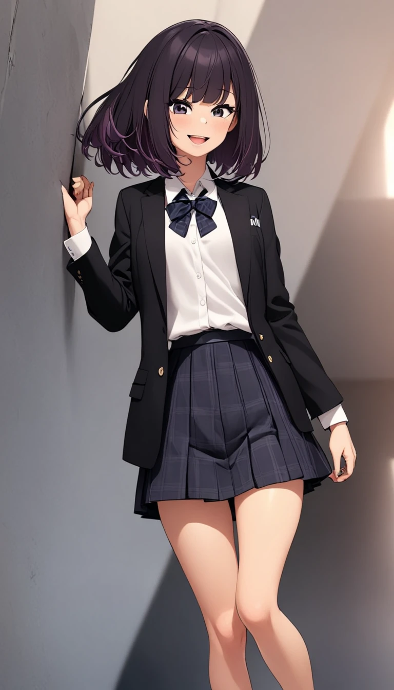 ((anatomically correct hand:1.5)), anime, sexy, ((costume is made of metal:1.5)), ((京都animeーション風に:1.5)), ultra precision, masterpiece, very very beautiful, プリンセスのface, ((1 woman)), ((alone:1.5)), ((pink hair:1.5)), ((bob cut 1.5)), break, ((black eye)), short hair, ((straight hair)), break, ((The costume is silver:1.5)), break, ((high school uniform:1.5)), professional lighting, (25 years old), tight waist, shiny skin, ((oily skin)), glowing skin, looking at the viewer, cowboy shot, dynamic pose, look at the cameraいます, in the room, sexy, わずかな笑face, mouth is slightly open, ((cute)), sit on top, ((put your hands behind your back)), extra fine eyes, Extra-fine face, ((pleated skirt:1.5)), ((thin lips:1.5)), sexy, ((droopy eyes)), ((medium breasts:1.5)), わずかな笑face, sexy, ((Portrait:1.5)), face, Put your hands on your back, positive image, sexy, ((The skirt is black:1.5)), look at the camera,