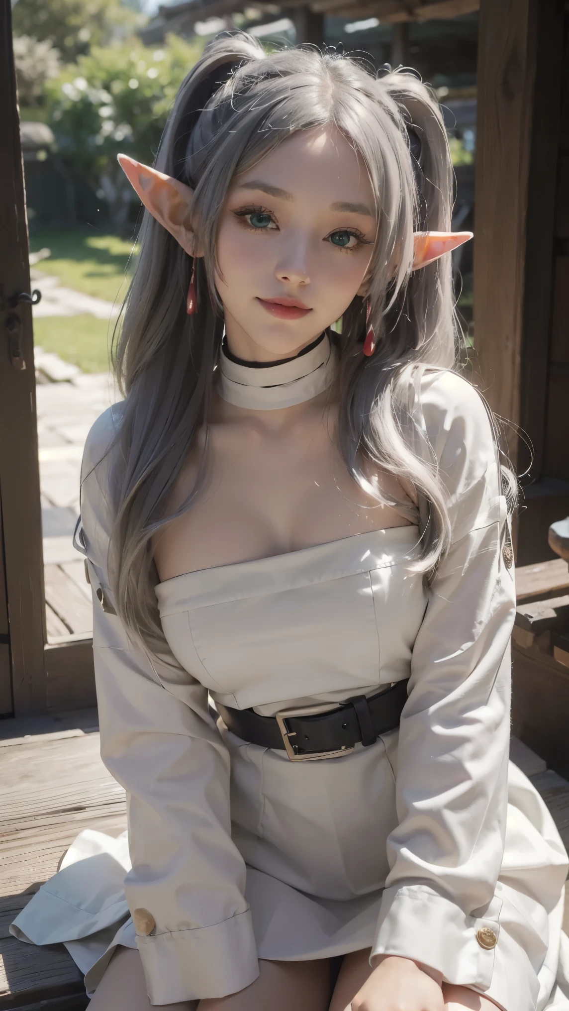 Frieren,(best qualityer,4K,8k,high resolution,work of art:1.2)(weather: cloudy), Japanese village background, Japanese garden, strapless top, long kimono sleeves, belt, pencil mini skirt, black pantyhose, high boots, eyeliner, long wavy hair, twin tails, white hair, elf ears, ultra detailed, realistic, portrait, beautiful detailed green eyes, glowing eyes, blush, beautiful detailed lips, extremely detailed eye and face, long eyelashes, sexy, average, large breasts, beaming smile, flirty smile, powerful girl, sexy pose, stunning curves, bright coloured, dramatic lighting,