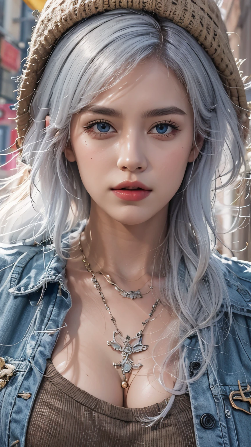(Best quality,4K,8K,A high resolution,Masterpiece:1.5),Ultra-detailed,Realistic,Photorealistic:1.37,Portrait,Girls' uniform,schoolgirl,Blue button-down shirt,beautiful detailed skin,Long silver hair gradually transitions to blue highlights,fightingpose,Shorts,Knee-high socks,Motion capture