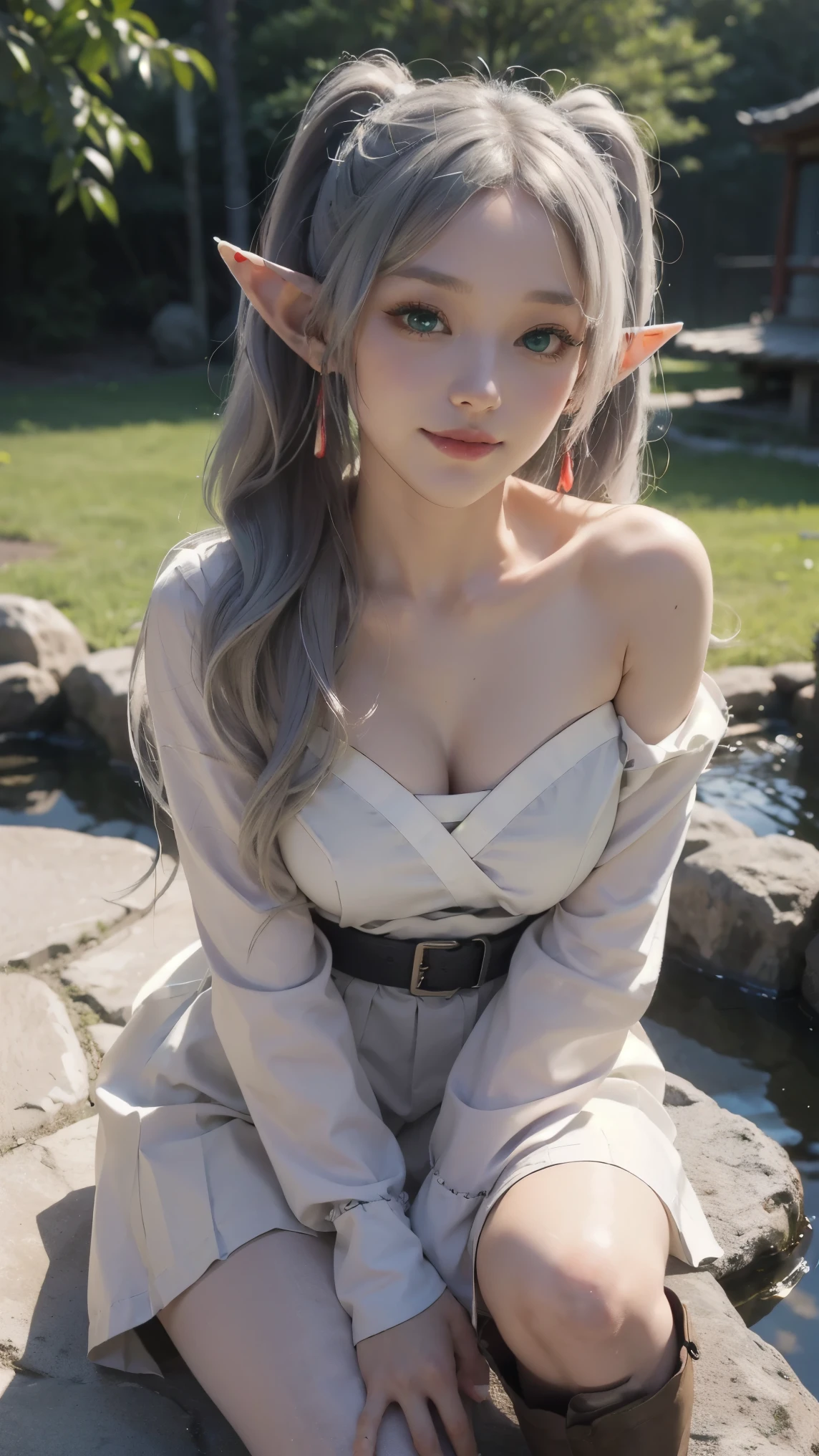 （raining day：1 silver-haired girl, Girl）， tmasterpiece， best qualtiy， RAW photogr， realisticlying， the face， Incredibly Ridiculous res， Beautiful elf beauty,(Elf pointed ears),ear studs，Get wet all over， (Champagne-colored ultra-short hair,Half-tied ponytail), Sweatshirt,tiese,Half-leg jeans,(sandals),depth of fields， A high resolution， ultra - detailed， filigree， RAWE is very detailed， very detailed eyes and faces， Sharp pupils， realistic pupil， tack sharp focus， cinmatic lighting，full bodyesbian，Bigboobs，long leges，From the front side，Main street on a rainy day，dynamicposes，（Extremely normal body:2.0）