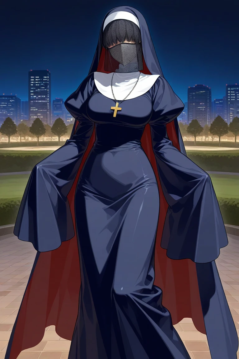 Solo, 1girl, tall women, cape over shoulders, puff shoulders, midnight dark blue nun outfits, long skirt, faceless, symbol veil, veil face /(Veil covered face)\, sleeves past wrists, breasts, sleeves past fingers, long cape, dark blue cape, overly long sleeves, wide open loose sleeves , standing, High Resolution, Masterpiece, Accurate, Best Quality,
BREAK
Looking for viewer, Park, night, city,