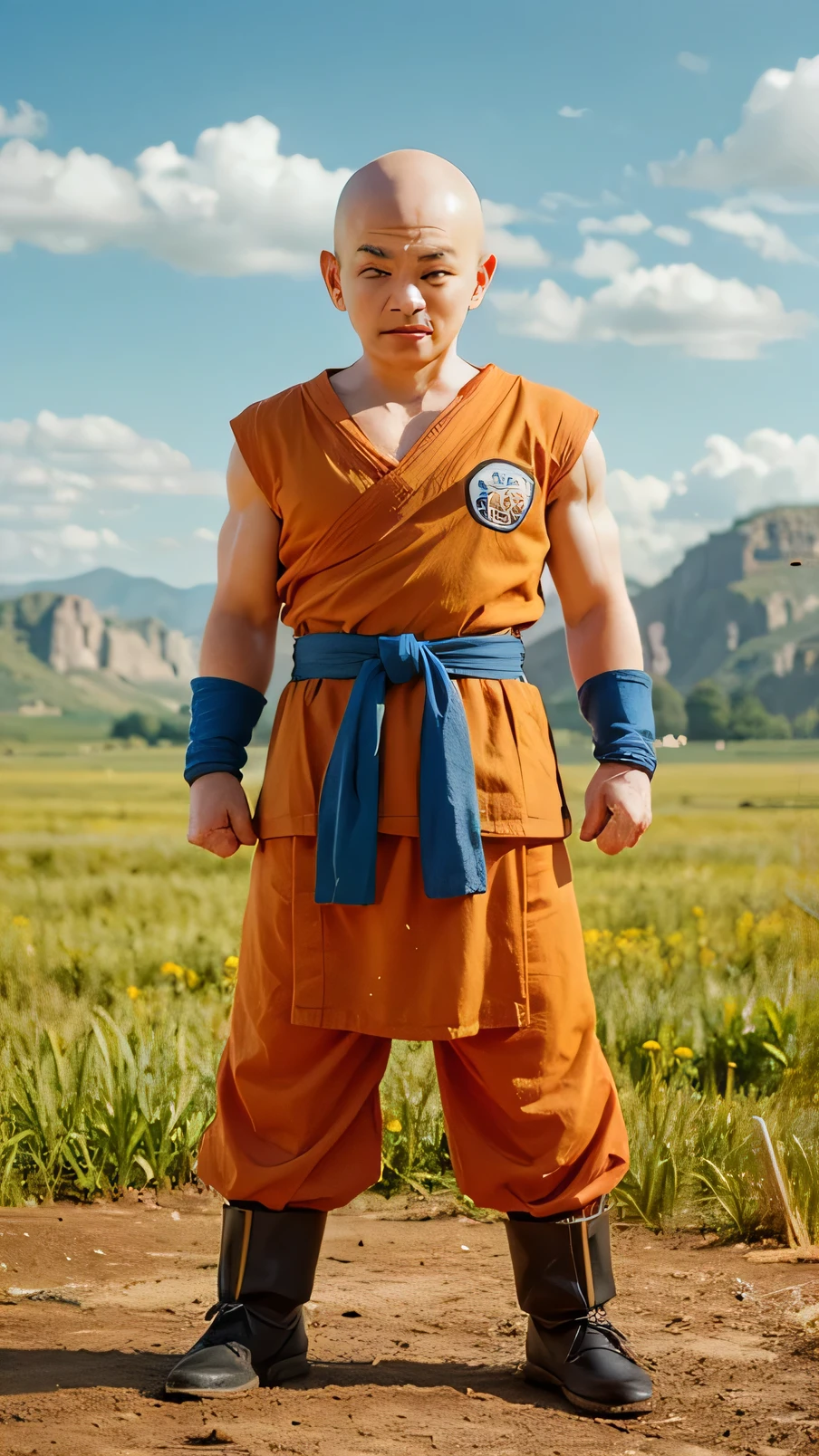 "Krillin from the Dragon Ball Z series is depicted in a highly detailed and realistic style, ideal for live-action. He stands in a determined and confident pose, with a slight friendly smile that reflects his courage and kind personality. His face is well-defined, with a serene expression that conveys his experience as a fighter. The six characteristic marks on his forehead are carefully sculpted, highlighting his connection to the monastic tradition and adding authenticity to the design. His shiny, shaved head is accurately modeled, with details that capture the natural texture of his skin. He wears his iconic martial arts attire: a vibrant orange gi, textured with natural folds and slight wear marks that show constant use in training and battles. The Turtle School symbol is present on the chest and back, accurately detailed. The blue sash around his waist is well-fitted, with subtle folds that follow his movement. His brown boots, with realistic stitching details and wear marks, complete the classic outfit.  The surrounding scenery is an open field, with mountains in the background and a clear sky punctuated by light clouds, capturing the essence of the Dragon Ball Z universe. Rays of natural light illuminate his figure, highlighting the texture of his gi, the subtle shine of his skin and the details of his expression. The cinematic and hyper-realistic lighting adds depth to the scene, creating a faithful and impressive image, ideal for live-action."