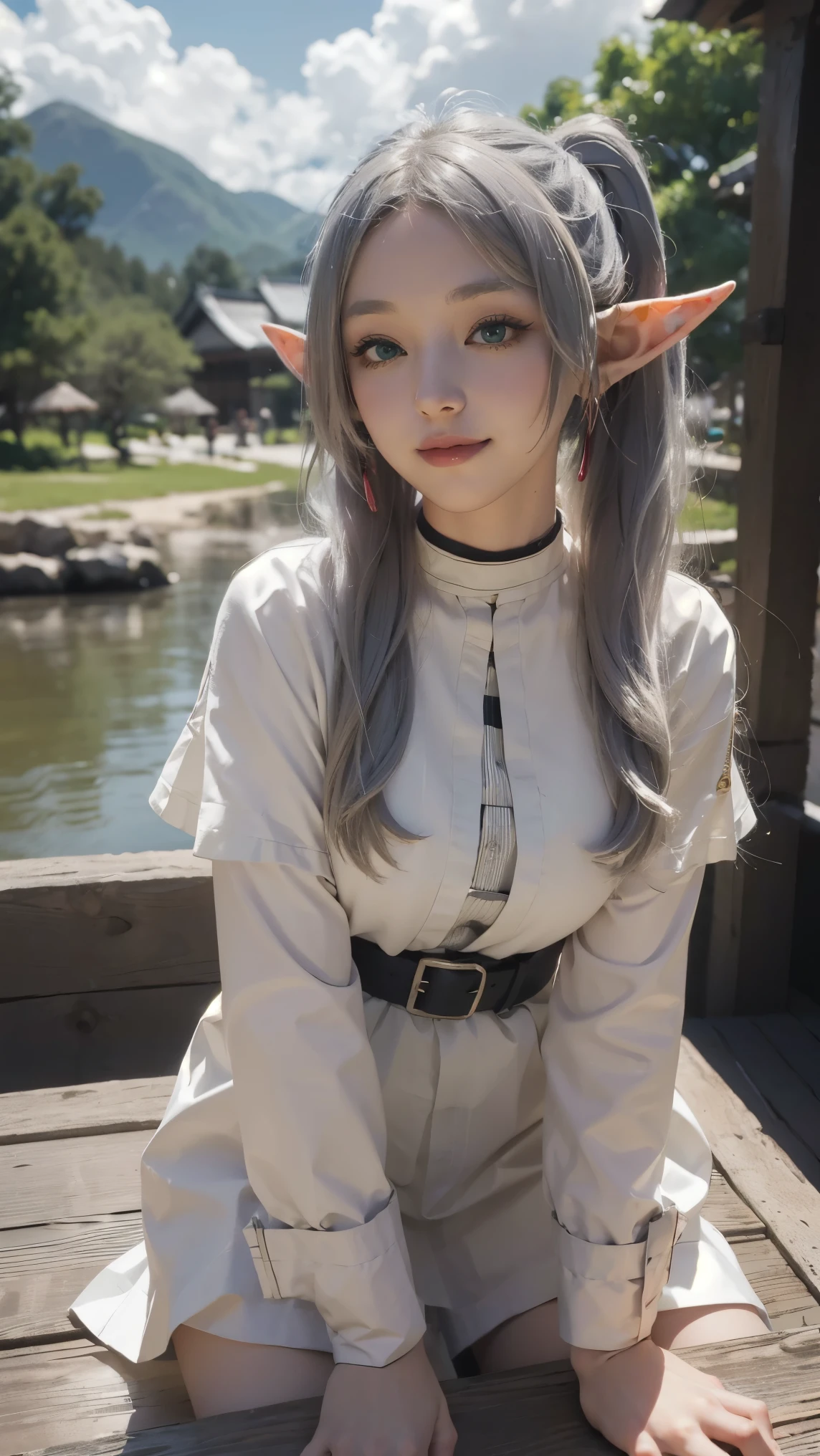Frieren,(best qualityer,4K,8k,high resolution,work of art:1.2)(weather: cloudy), Japanese village background, Japanese garden, striped top, long sleeves, short cape, belt, white skirt, black pantyhose, high boots, eyeliner, long wavy hair, twin tails, white hair, elf ears, ultra detailed, realistic, portrait, beautiful detailed green eyes, glowing eyes, blush, beautiful detailed lips, extremely detailed eye and face, long eyelashes, sexy, average, large breasts, beaming smile, flirty smile, powerful girl, sexy pose, stunning curves, bright coloured, dramatic lighting,
