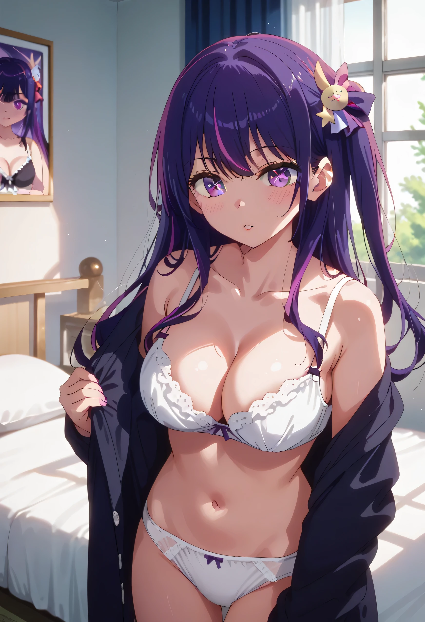 1 girl, Hoshino Ai, purple hair, streaked hair ,purple eyes, star-shaped pupils, hair ornament, 1 girl in the bedroom, Large breasts, white panties, white bra,cleavage,take off clothes, undressing, morning, sunlight, best shadows, best lighting, extended down blouse
