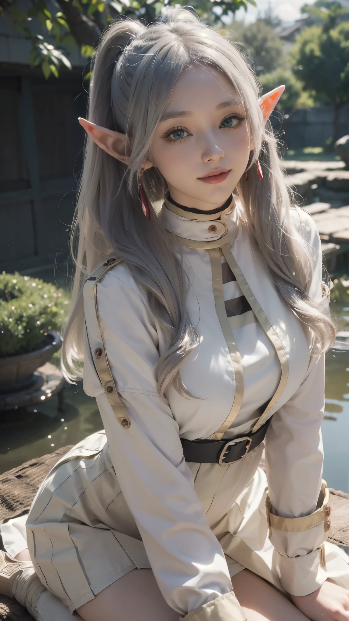 Frieren,(best qualityer,4K,8k,high resolution,work of art:1.2)(weather: cloudy), Japanese village background, Japanese garden, striped top, long sleeves, short cape, belt, white skirt, black pantyhose, high boots, eyeliner, long wavy hair, twin tails, white hair, elf ears, ultra detailed, realistic, portrait, beautiful detailed green eyes, glowing eyes, blush, beautiful detailed lips, extremely detailed eye and face, long eyelashes, sexy, average, large breasts, beaming smile, flirty smile, powerful girl, sexy pose, stunning curves, bright coloured, dramatic lighting,