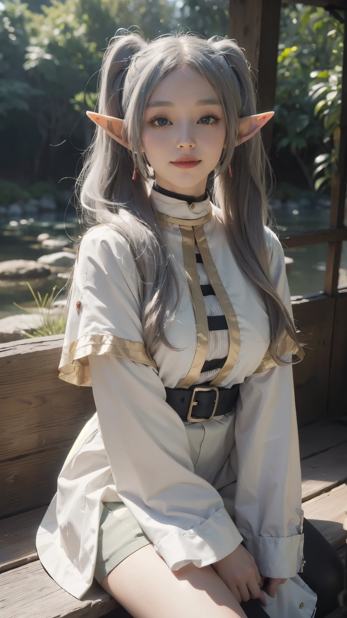 Frieren,(best qualityer,4K,8k,high resolution,work of art:1.2)(weather: cloudy), Japanese village background, Japanese garden, striped top, long sleeves, short cape, belt, white skirt, black pantyhose, high boots, eyeliner, long wavy hair, twin tails, white hair, elf ears, ultra detailed, realistic, portrait, beautiful detailed green eyes, glowing eyes, blush, beautiful detailed lips, extremely detailed eye and face, long eyelashes, sexy, average, large breasts, beaming smile, flirty smile, powerful girl, sexy pose, stunning curves, bright coloured, dramatic lighting,