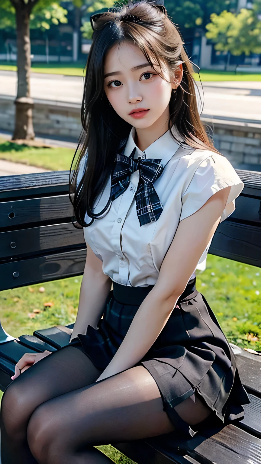 (masterpiece:1.2, Highest quality), (Realistic, photoRealistic:1.4), Beautiful illustrations,
View your viewers, whole body, Front view:0.6,
1 girl, Japanese, high School girl, (Long Hair:1.5), Let your hair flutter, (Half Up, Half Updo), bangs, Hair between the eyes, Large Breasts:0.8,
Beautiful Hair, Beautiful Face, Beautiful attention to detail, Beautiful clavicle, Beautiful body, Beautiful breasts, Beautiful thighs, Beautiful feet, Beautiful fingers,
(Beautiful views), , School,
((Collared short-sleeved shirt, White shirt, , Grey plaid pleated skirt, Blue checked bow tie)), White panties,
(Are standing, , Lift up your skirt, Grab the hem of your skirt, Place your hand on your chest, Place your hands between your legs),
blush, ,