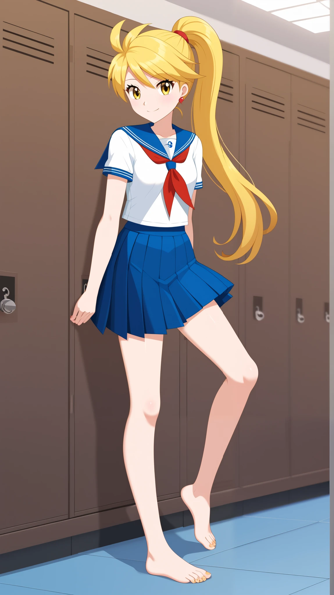 (( best quality )), ((masterpiece)), (( Details)),  1girl , Two legs, two arms,  golden hair color,  ponytail,  long hair,  yellow eyes,  schoolgirl,  long-sleeved sailor suit that brings the chest to the center,  blue pleated mini skirt ,  barefoot,  beautiful feet,  thighs,  viewers, 1 Female, Age 18, yellow earring,  tall,  sexy smile,  seductive smile ,  standing ,  Anime Coloring Book, whole body,  sexy pose,  slim figure, Women&#39;s locker room, (\Pokémon\),  score_9,  score_8_Excellent,  score_7_Excellent,  score_6_Excellent,  source_Anime,  cell shading,  flat color , vector,