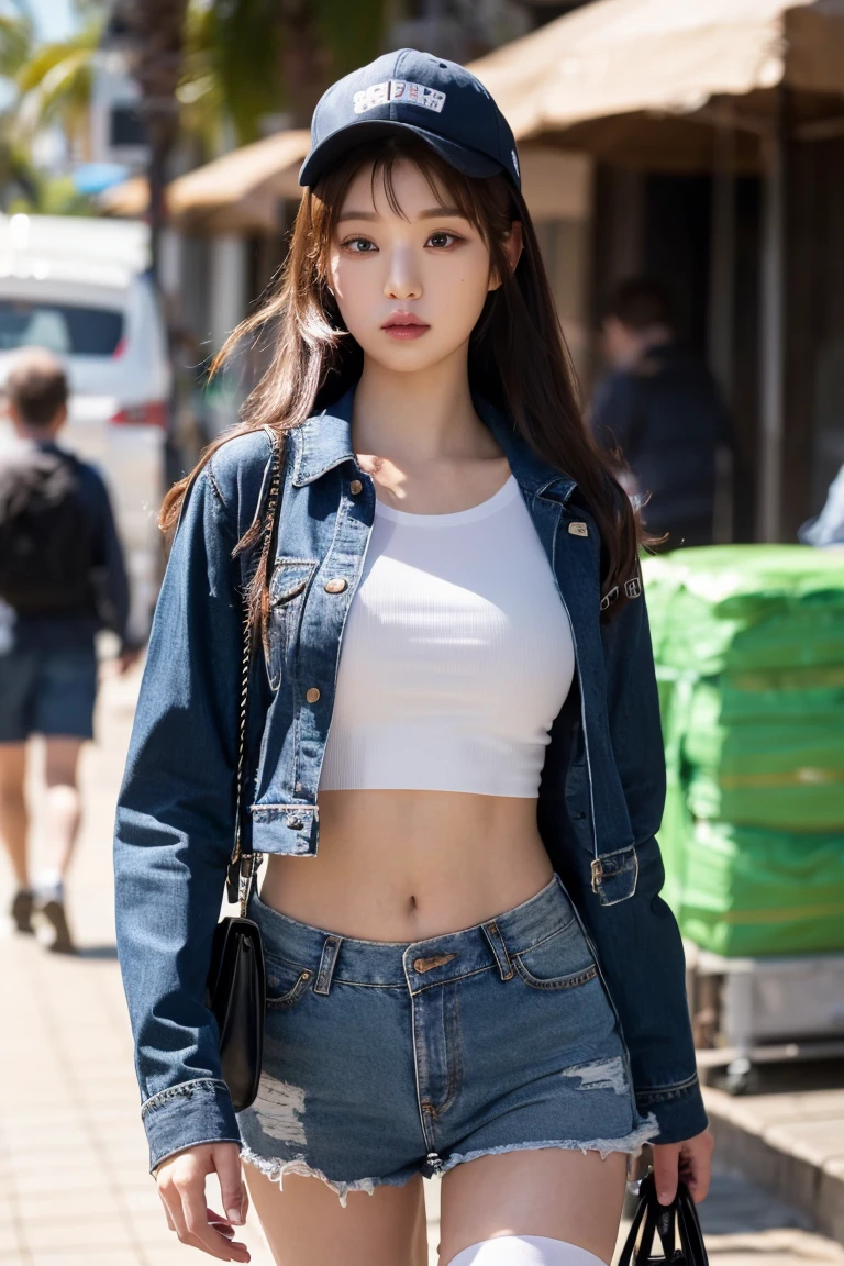 ((medium breast, tomboy girl,)),  (chiseled abs : 1.1), (perfect body : 1.1), (short wavy hair : 1.2) , auburn hair, collar, chain, full body shot, crowded street, wearing tanktop, jeans jacket, (torn clothes:1.3)((shorts)), (extremely detailed CG 8k wallpaper), (an extremely delicate and beautiful), (masterpiece), (best quality:1.0), (ultra highres:1.0),  beautiful lighting ,perfect lightning, realistic shadows, [highres], detailed skin, ultra-detailed (((colorful))),high realistic,