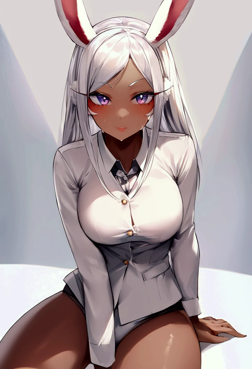 ((best quality)), ((masterpiece)), solo, 1girl, brown dark skin, black glasses, (white hair), long hair, straight hair, [forehead], (slicked back hair), (hair intakes, hands pointing hair intakes, showing hair intakes), nude, nipples, black eyes, , girl, large breasts, delicate beautiful face, black eyebrows,