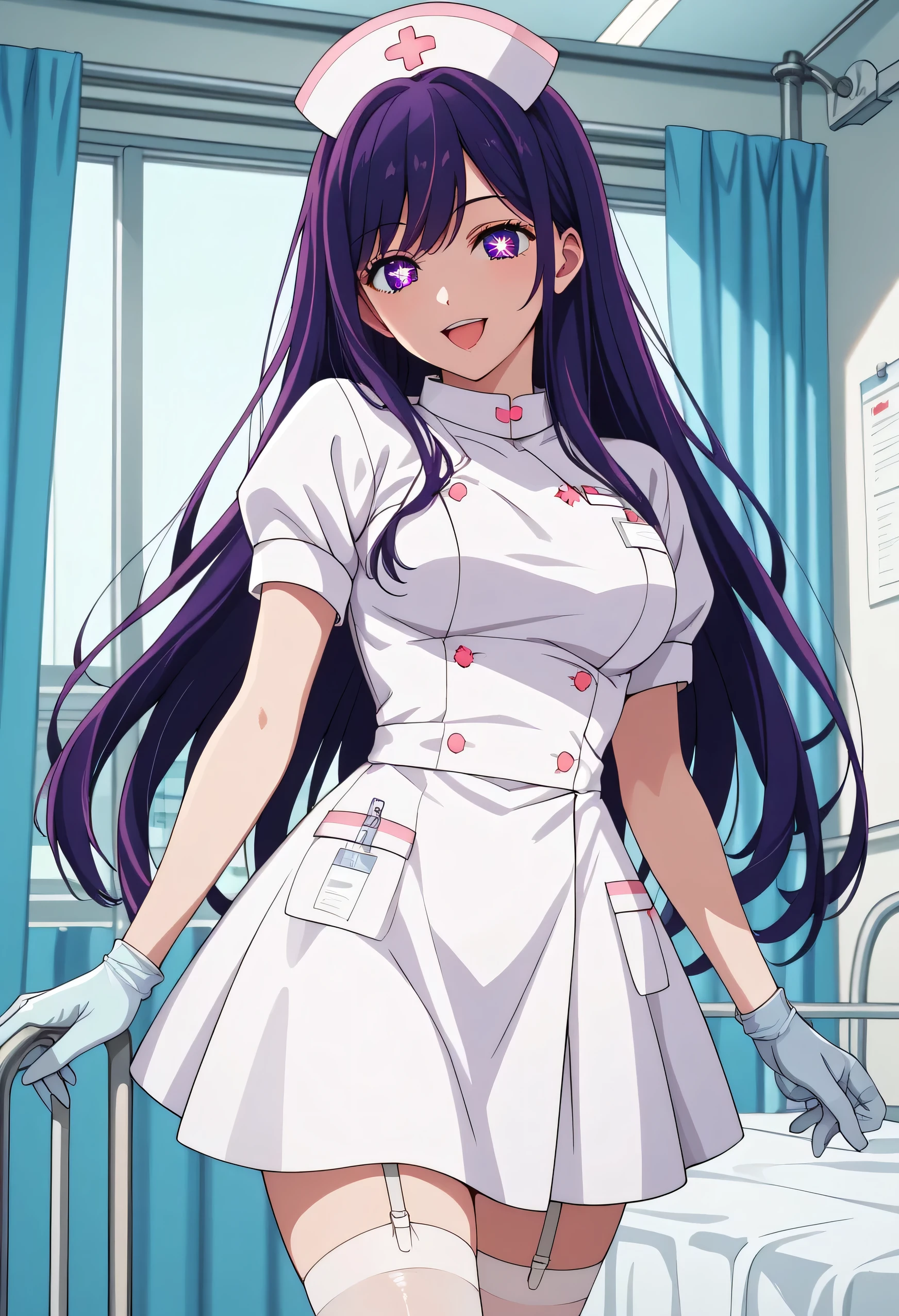 Score_9, score_8_up, score_7_up, source_anime, ai hoshino, long hair, bangs, purple eyes, purple hair, symbol-shaped pupils, (best quality), (high quality), {masterpiece}, extremely delicate and beautiful, ultra-detailed, beautiful detailed eyes, nurse, nurse hat, ((white nurse's outfit)), white gloves, white legwear, zettai ryouiki, hospital room, smile, open mouth, standing