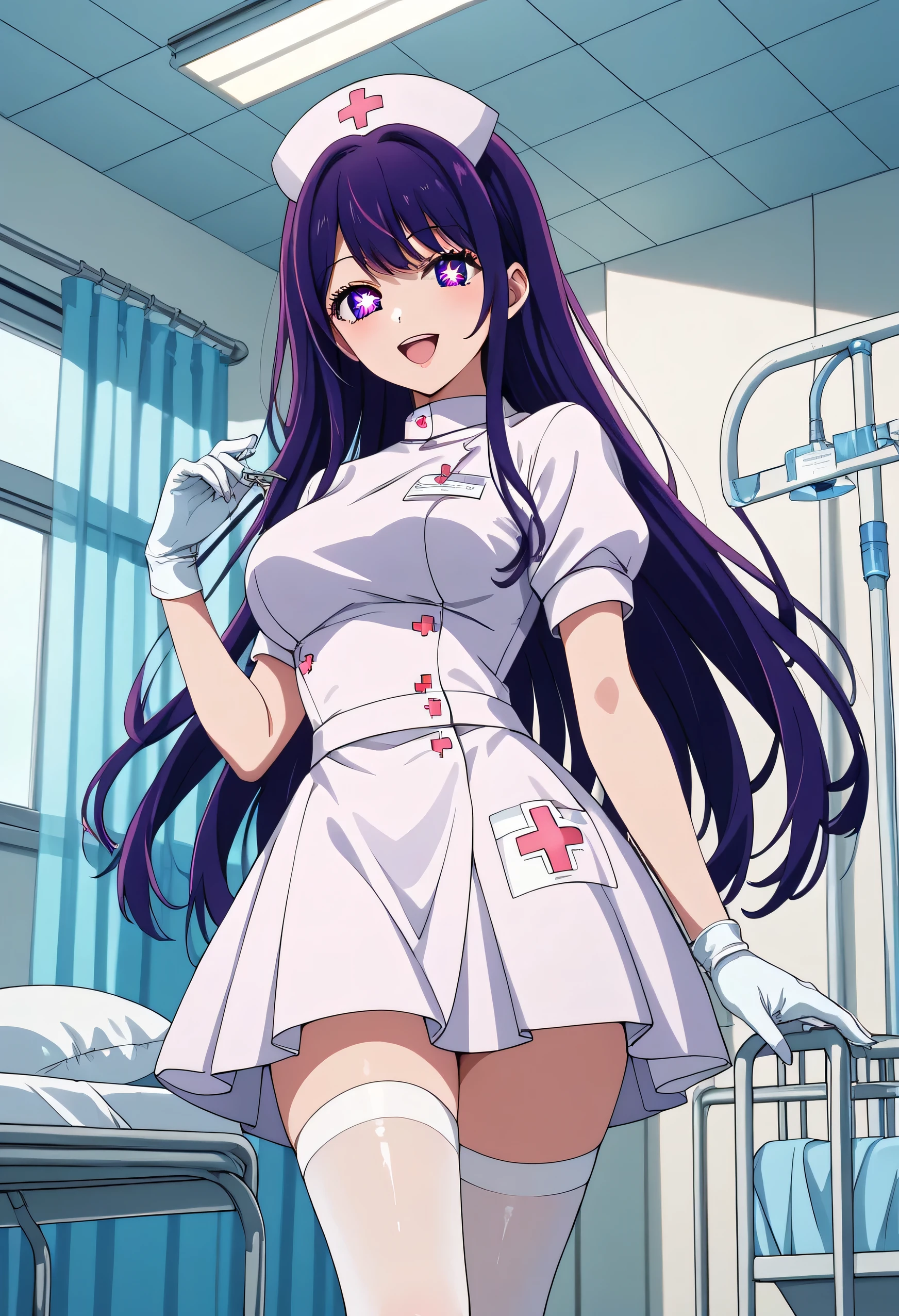 Score_9, score_8_up, score_7_up, source_anime, ai hoshino, long hair, bangs, purple eyes, purple hair, symbol-shaped pupils, (best quality), (high quality), {masterpiece}, extremely delicate and beautiful, ultra-detailed, beautiful detailed eyes, nurse, nurse hat, ((white nurse's outfit)), ((mini skirt)), white gloves, white legwear, zettai ryouiki, hospital room, smile, open mouth, standing