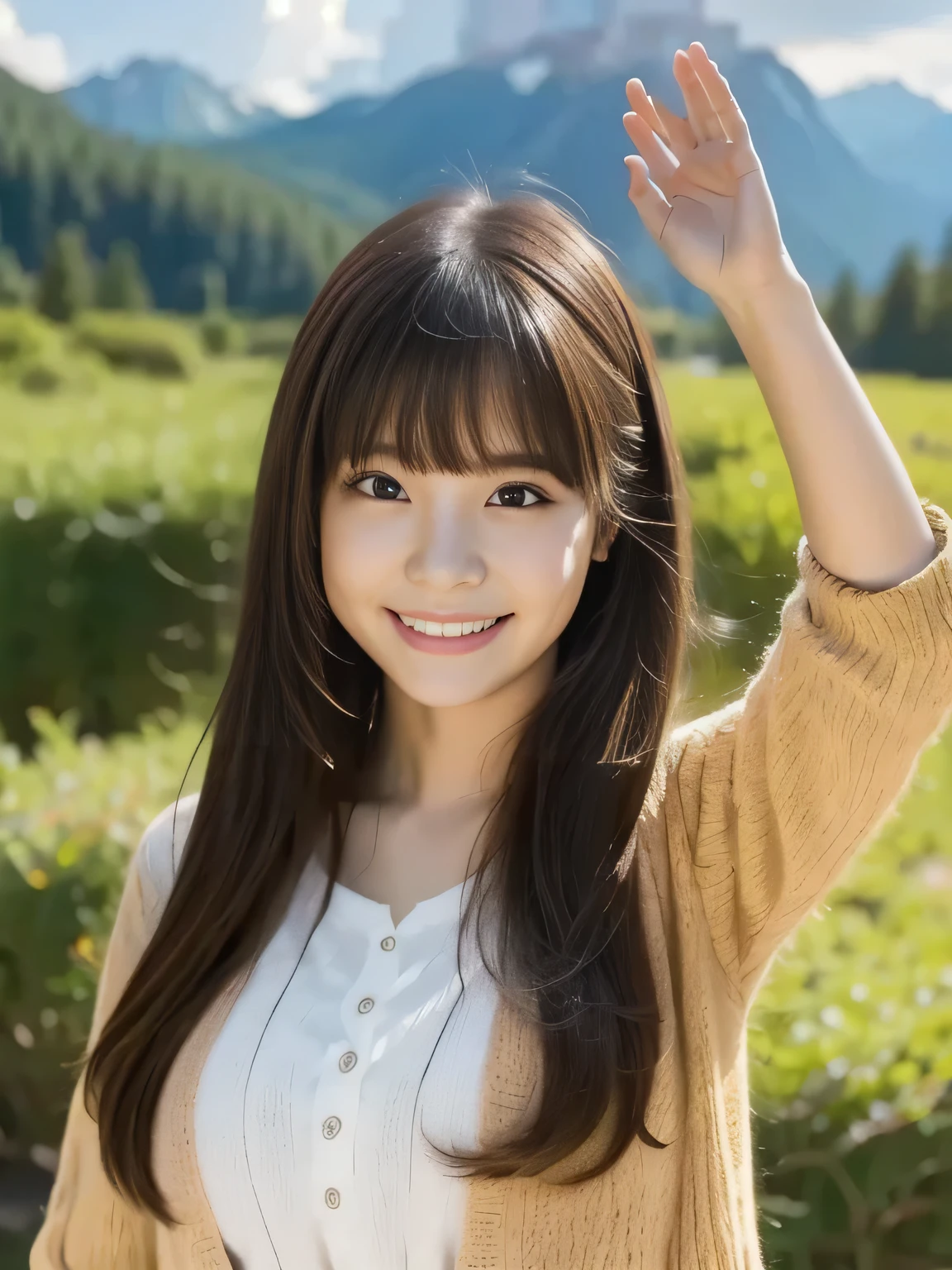 A girl who is happy to raise her hands wide against nature in the background, long hair, high resolution, looks, multiview, anatomically correct, best quality , Details , 高い Details , High Definition Model , bangs, 目の間のbangs, Reality,