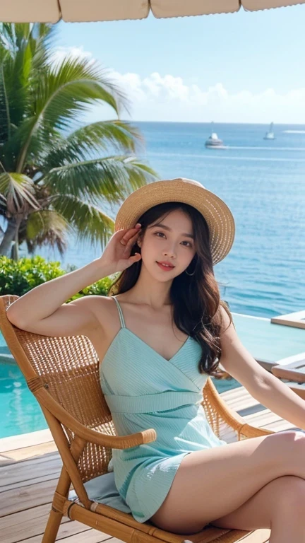 a radiant Korean influencer enjoying a day at a luxurious seaside resort. She’s lounging on a chic rattan chair by the infinity pool, with the ocean view stretching into the horizon. She wears a stylish summer dress and wide-brimmed hat, sipping on a colorful tropical drink. Her relaxed pose and serene expression reflect effortless elegance. The setting features lush palm trees, crystal-clear water, and bright blue skies, creating a perfect balance of leisure and luxury.
