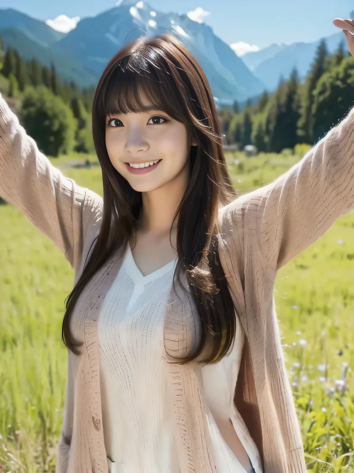 A girl who is happy to raise her hands wide against nature in the background, long hair, high resolution, looks, multiview, anatomically correct, best quality , Details , 高い Details , High Definition Model , bangs, 目の間のbangs, Reality,